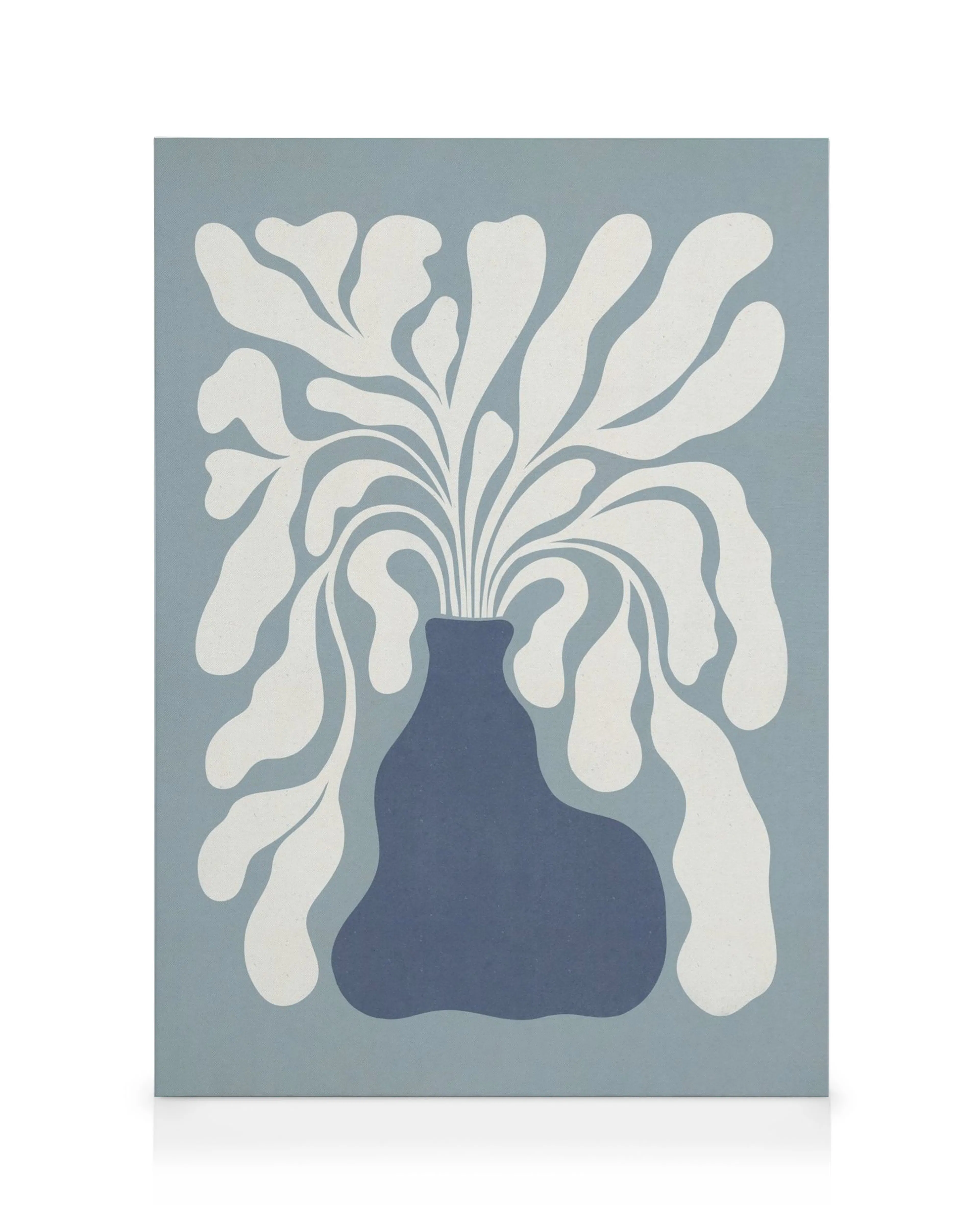 Modern Plant Canvas print with abstract white leaves bursting from a blue vase on a grey-blue background.