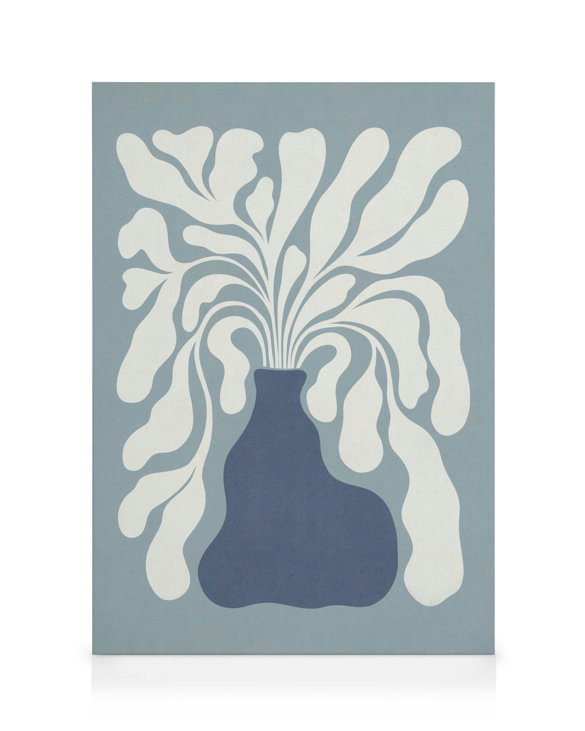 Μοντέρνος καμβάς με βάζο σε μπλε αποχρώσεις και λευκά αφηρημένα φυτά.