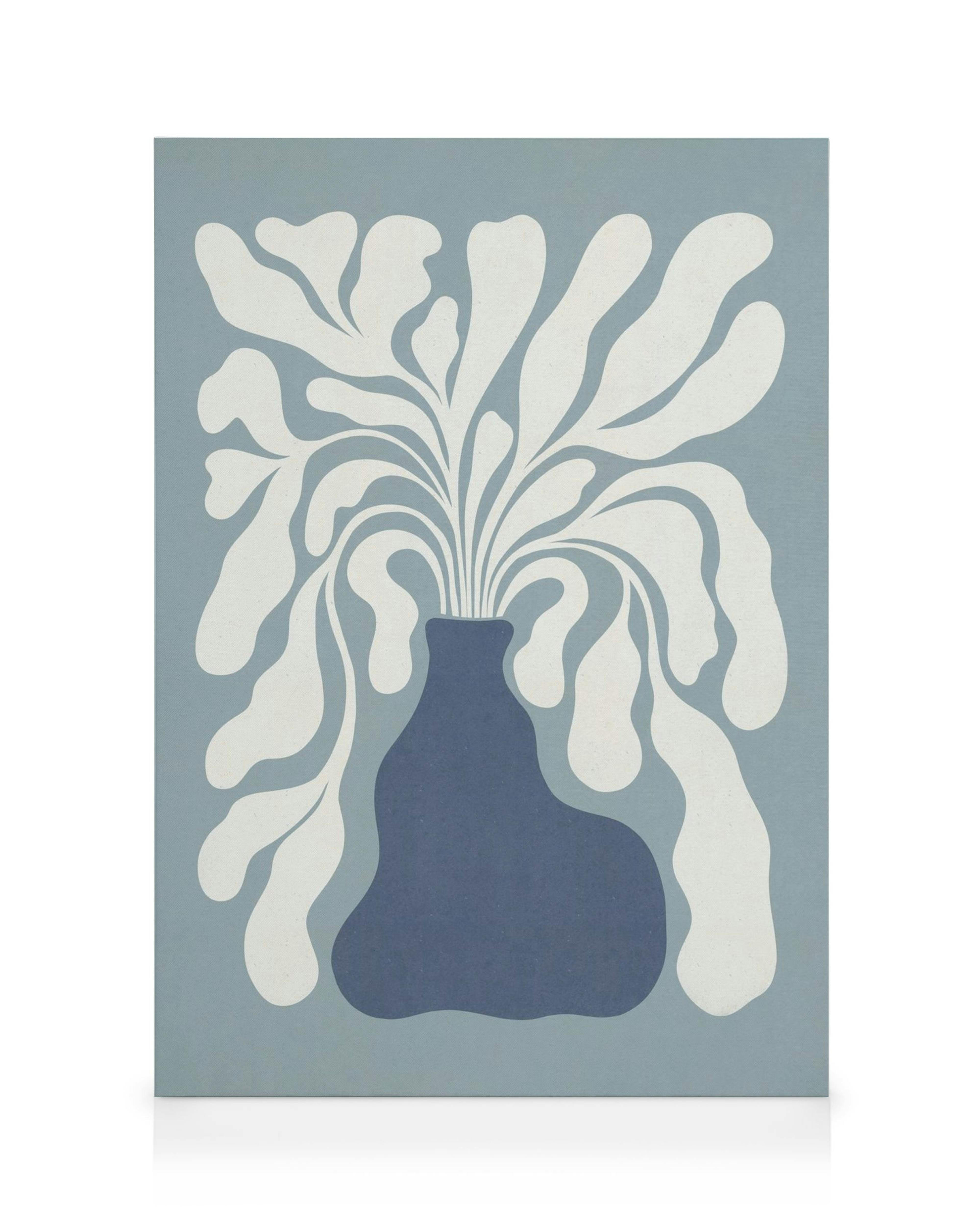 Μοντέρνος καμβάς με βάζο σε μπλε αποχρώσεις και λευκά αφηρημένα φυτά.