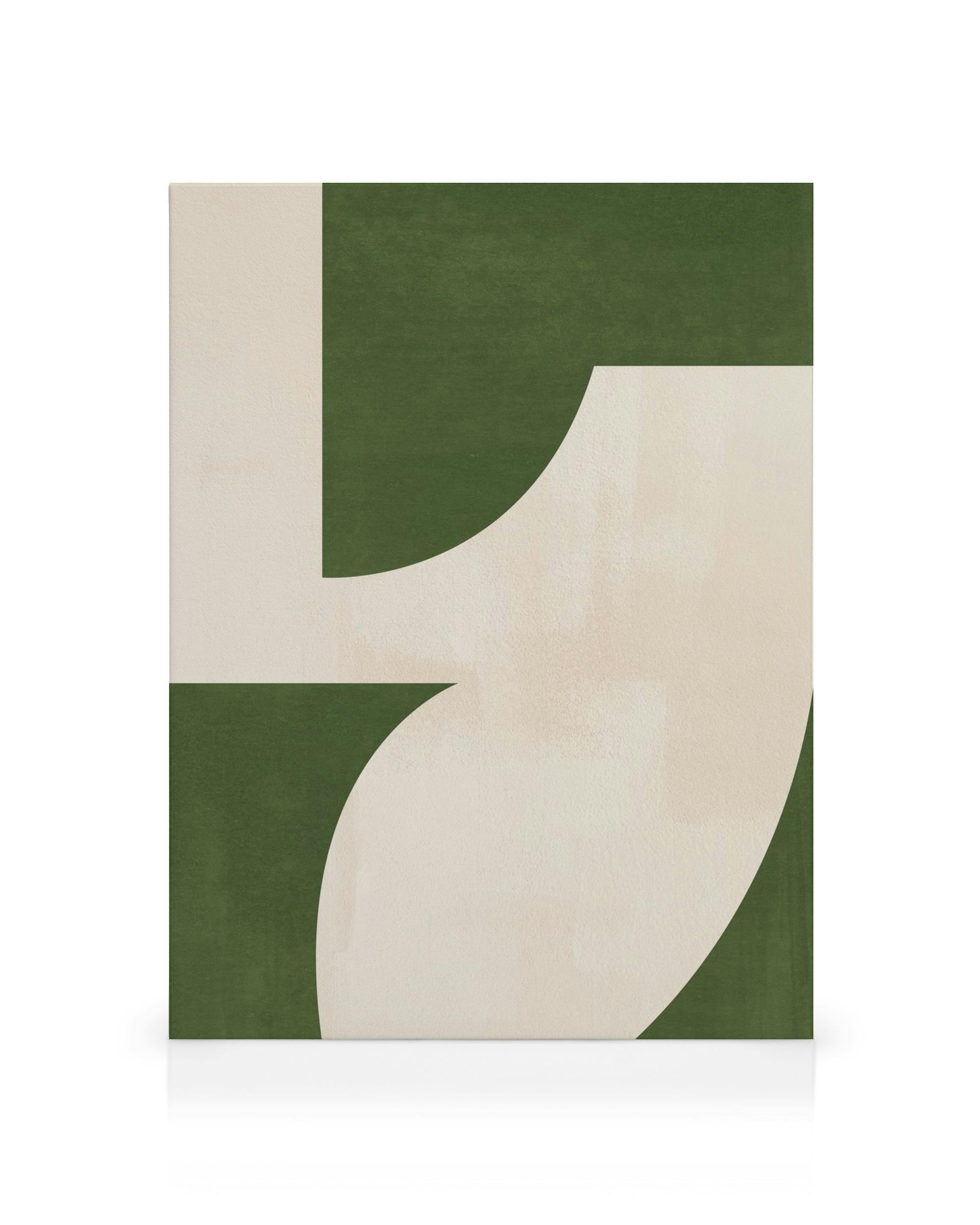 Canvas met groene en beige geometrische vormen, gebogen lijnen, strak abstract ontwerp