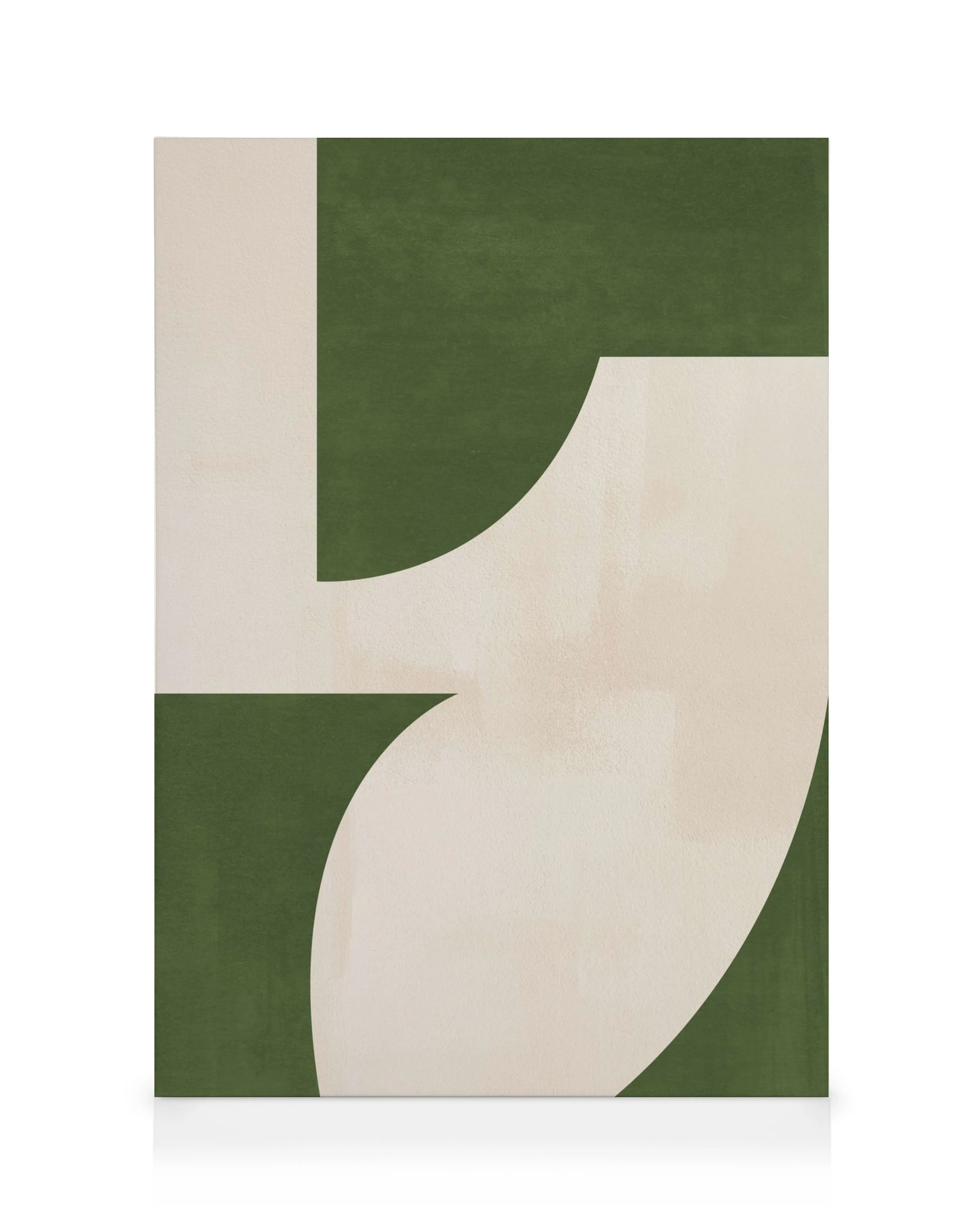 Grön och beige geometrisk canvastavla med en stor grön rektangel och beige former, några med raka och andra med kurviga linjer.