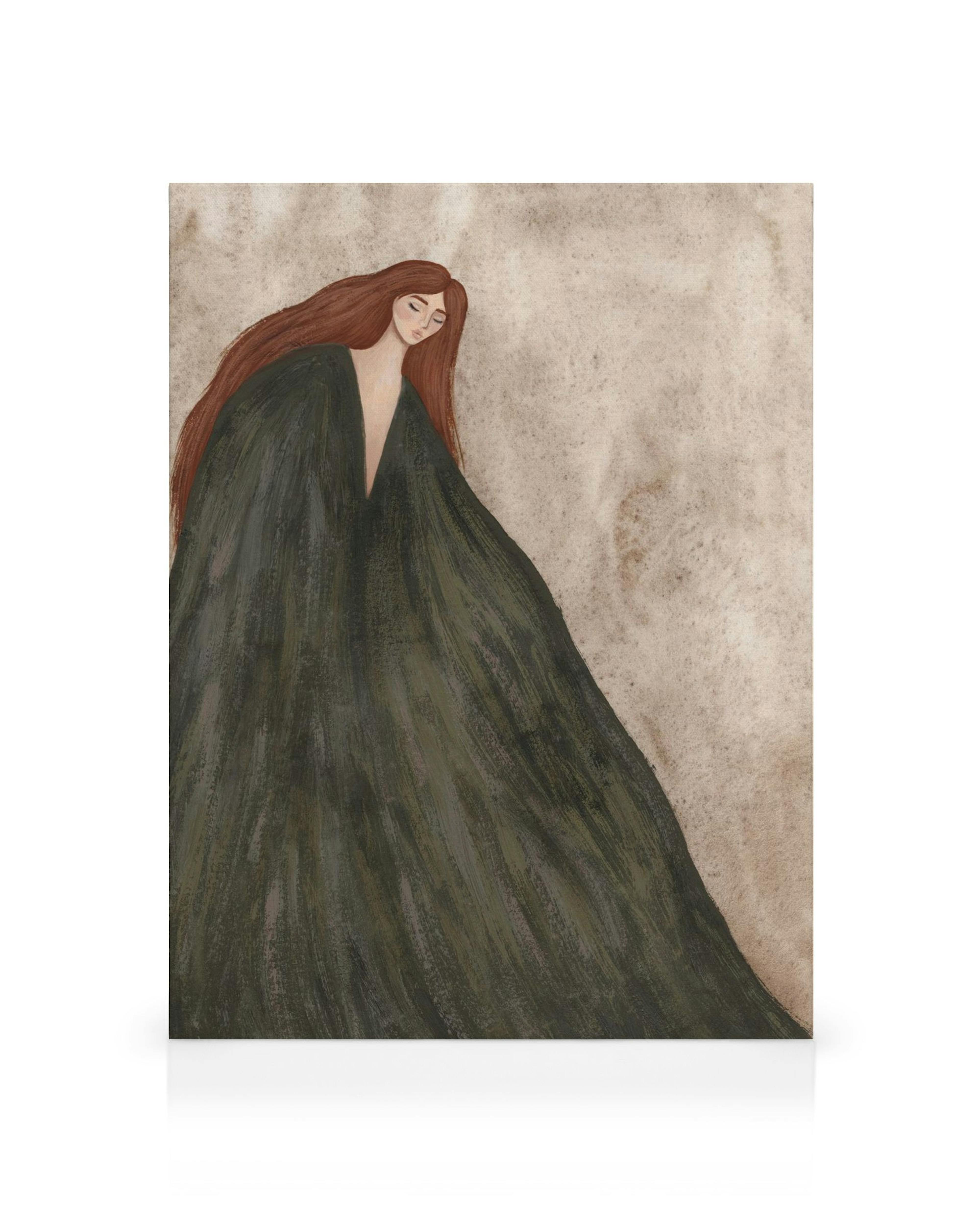 Abstraktes Leinwandbild einer Frau mit langen roten Haaren in einem grünen Gewand vor beigem Hintergrund.