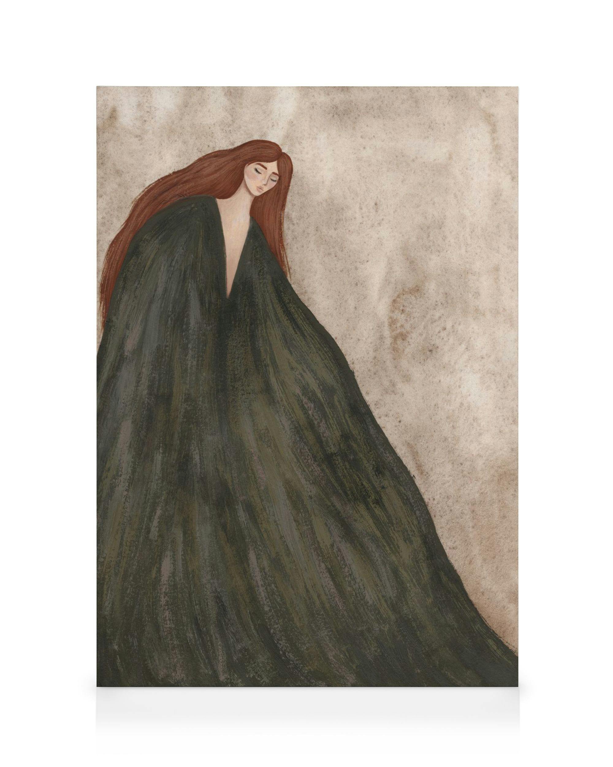 The Lady Καμβάς: γυναικεία φιγούρα με μακριά, κόκκινα μαλλιά και σκούρο πράσινο φόρεμα, σε μπεζ φόντο