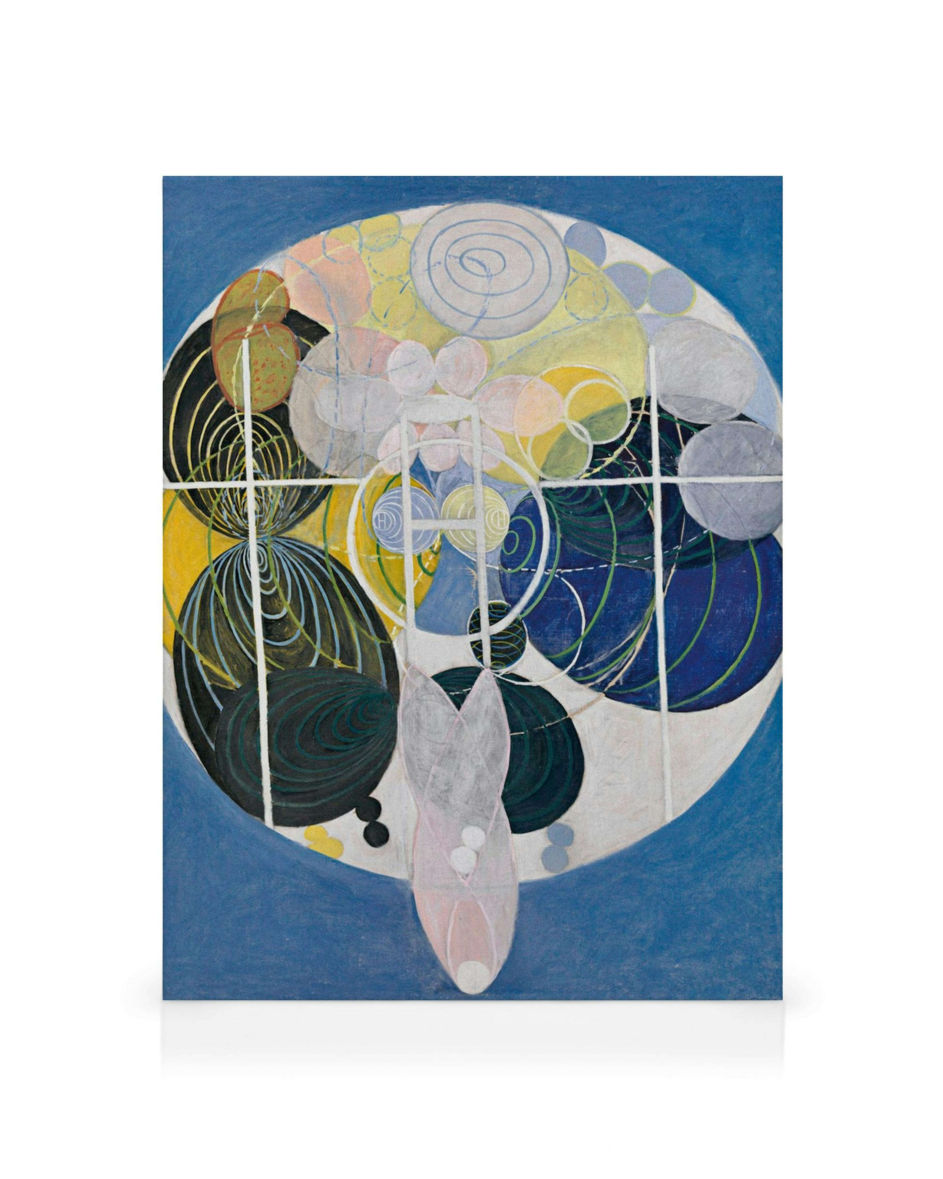 Hilma af Klints abstract painting, The Large Figure Paintings No. 5, features a central circular design with geometric shapes an