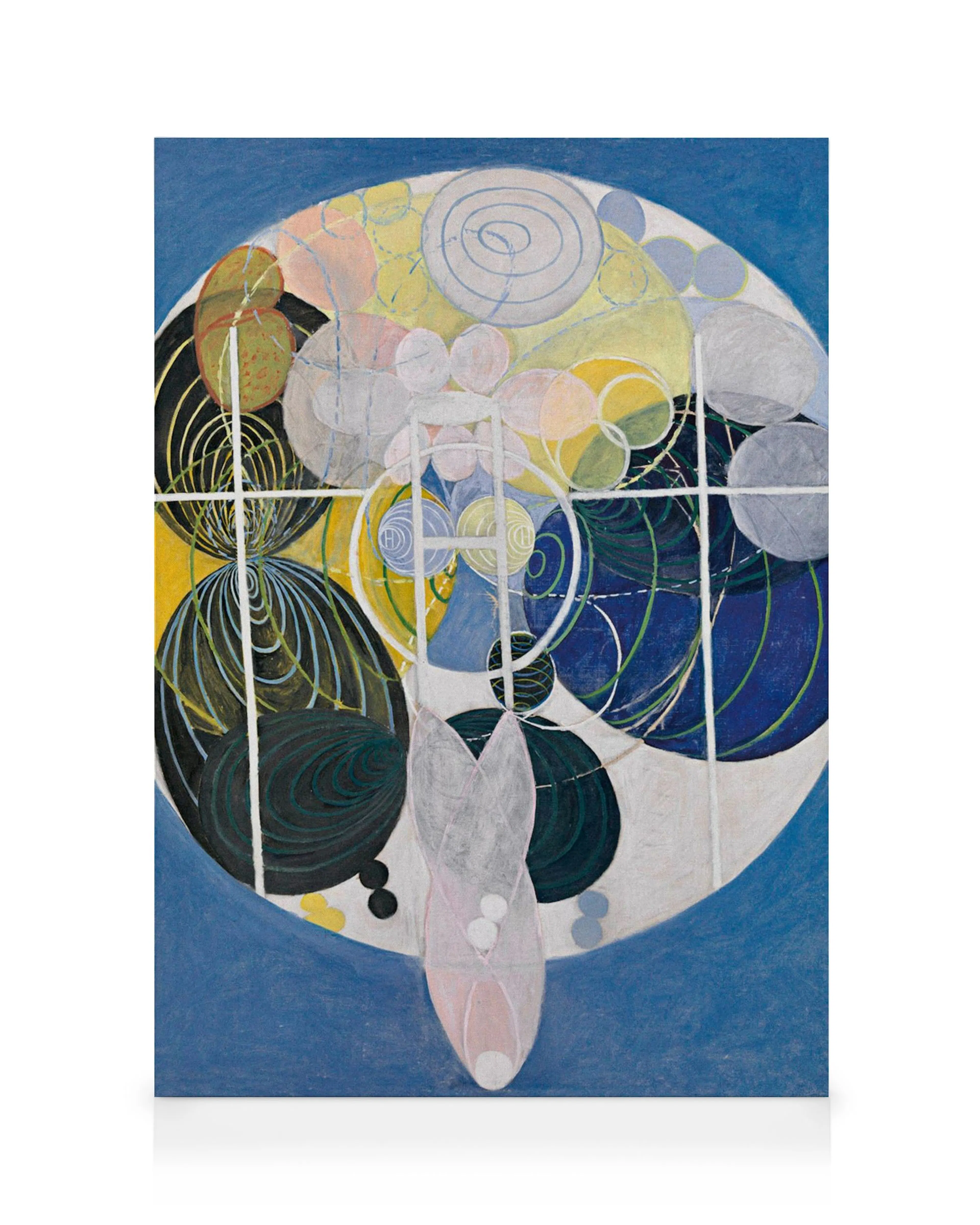 Lienzo abstracto con círculos y líneas superpuestas en azul, amarillo y gris sobre fondo azul de Hilma af Klint.