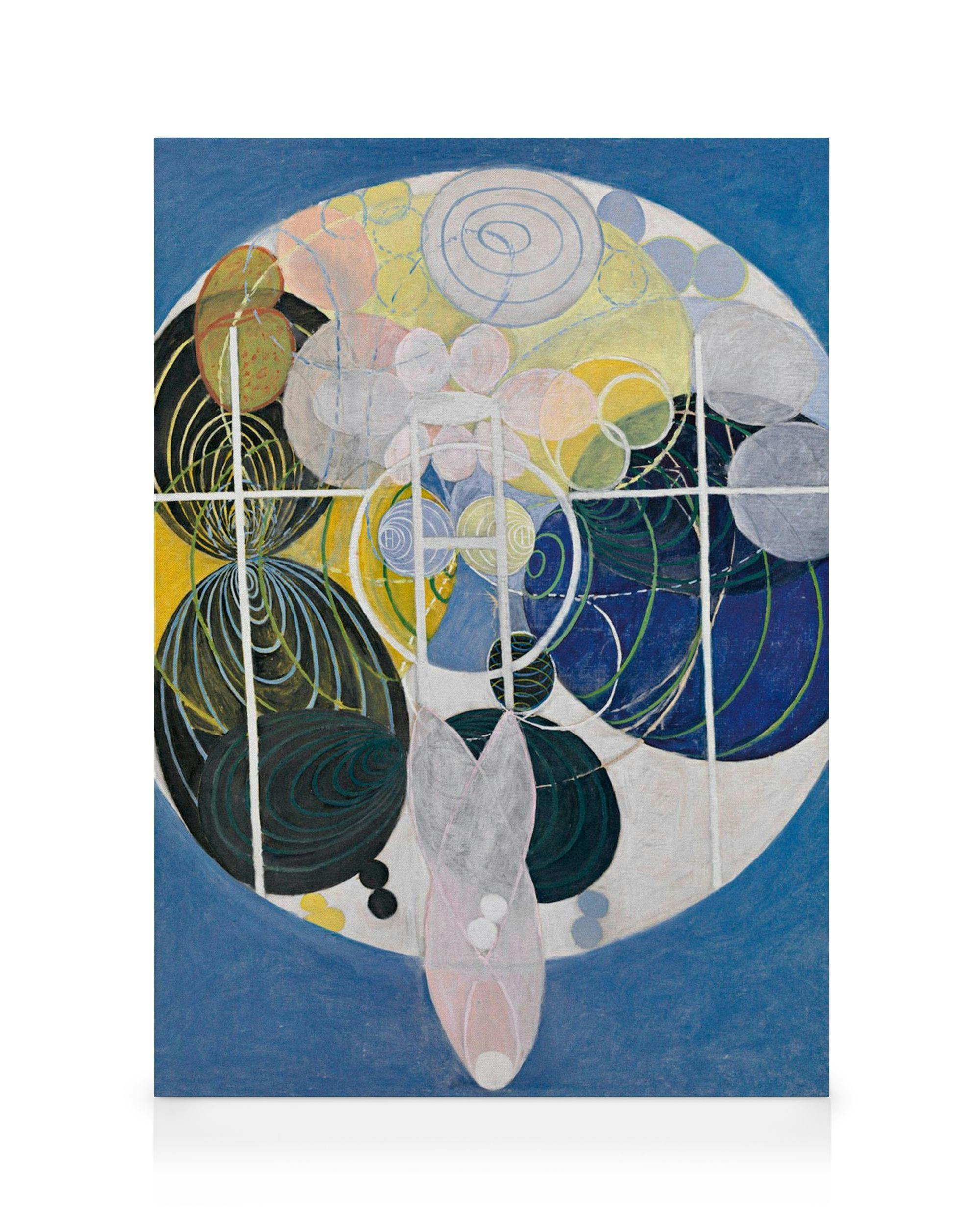 Obraz Hilmy af Klint, Velké figurální malby č. 5, abstraktní kompozice kruhů, spirál a geometrických tvarů na modrém pozadí.