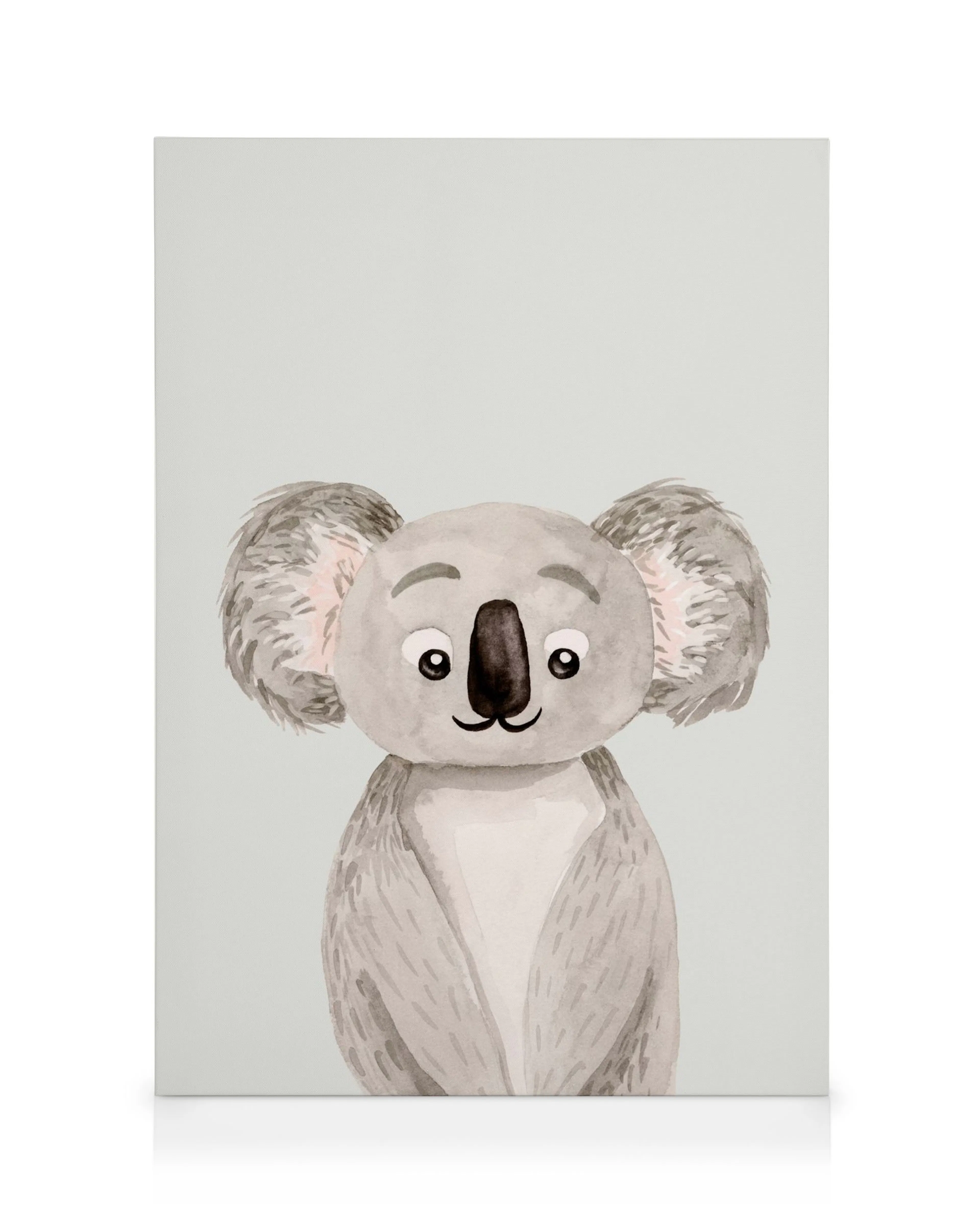Painted koala canvas print, white and grey fur, large black nose, big round ears, light background.