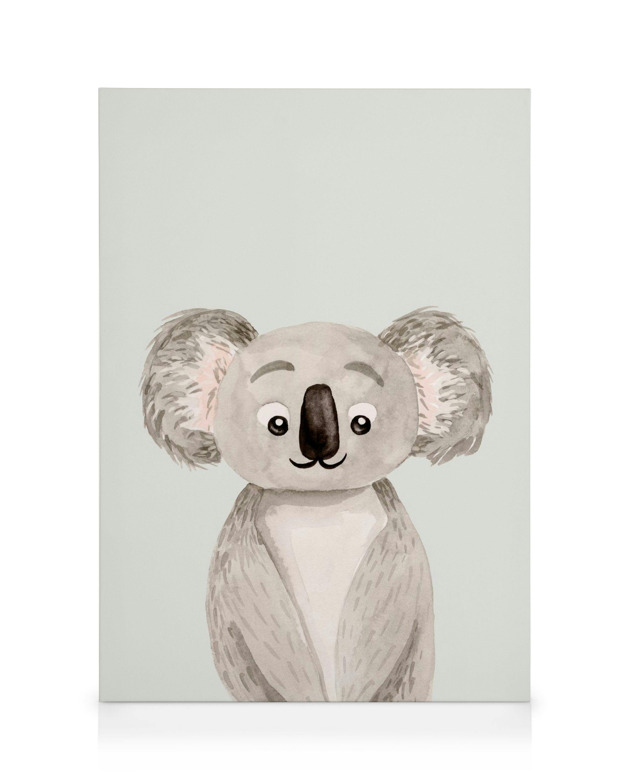Leinwand mit niedlichem Kinder-Koala, graues Fell, rosa Ohren und grosse schwarze Augen auf hellem Hintergrund.