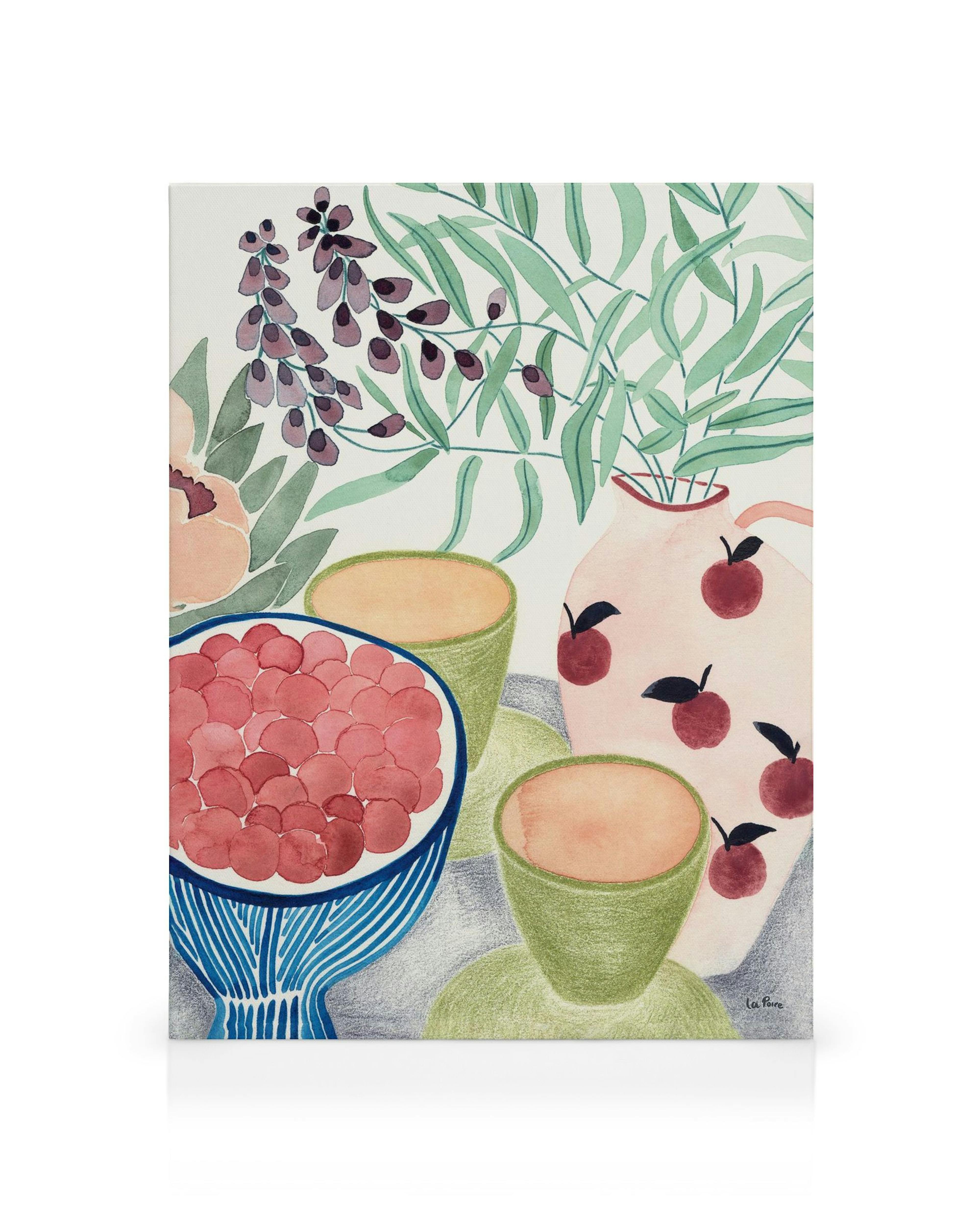 Toile nature morte aquarelle avec plantes, fruits et vases roses, bleus, verts, oranges sur fond blanc.