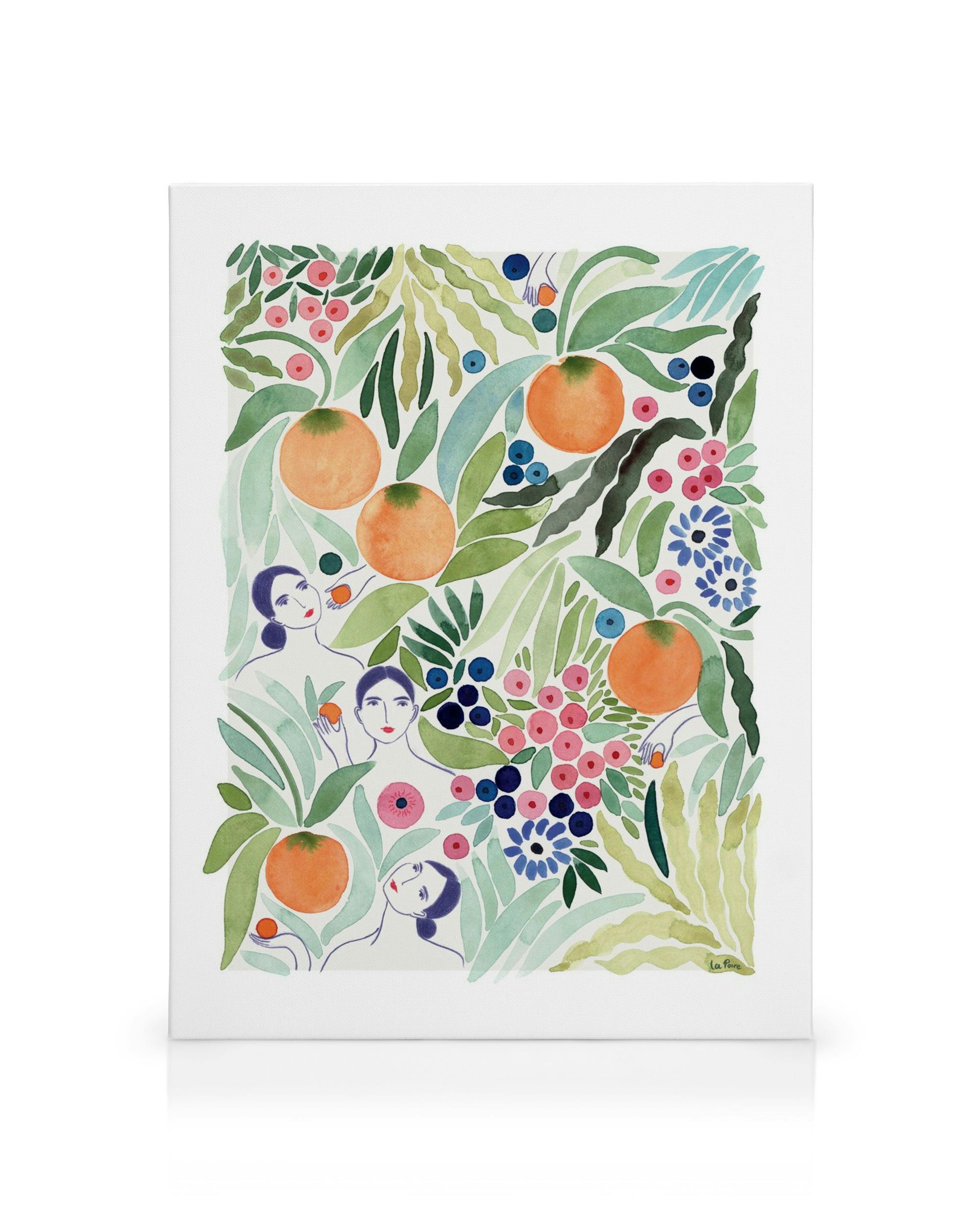 Watercolor canvas print with oranges, green leaves, blue and pink dots, and whimsical faces with blue hair.