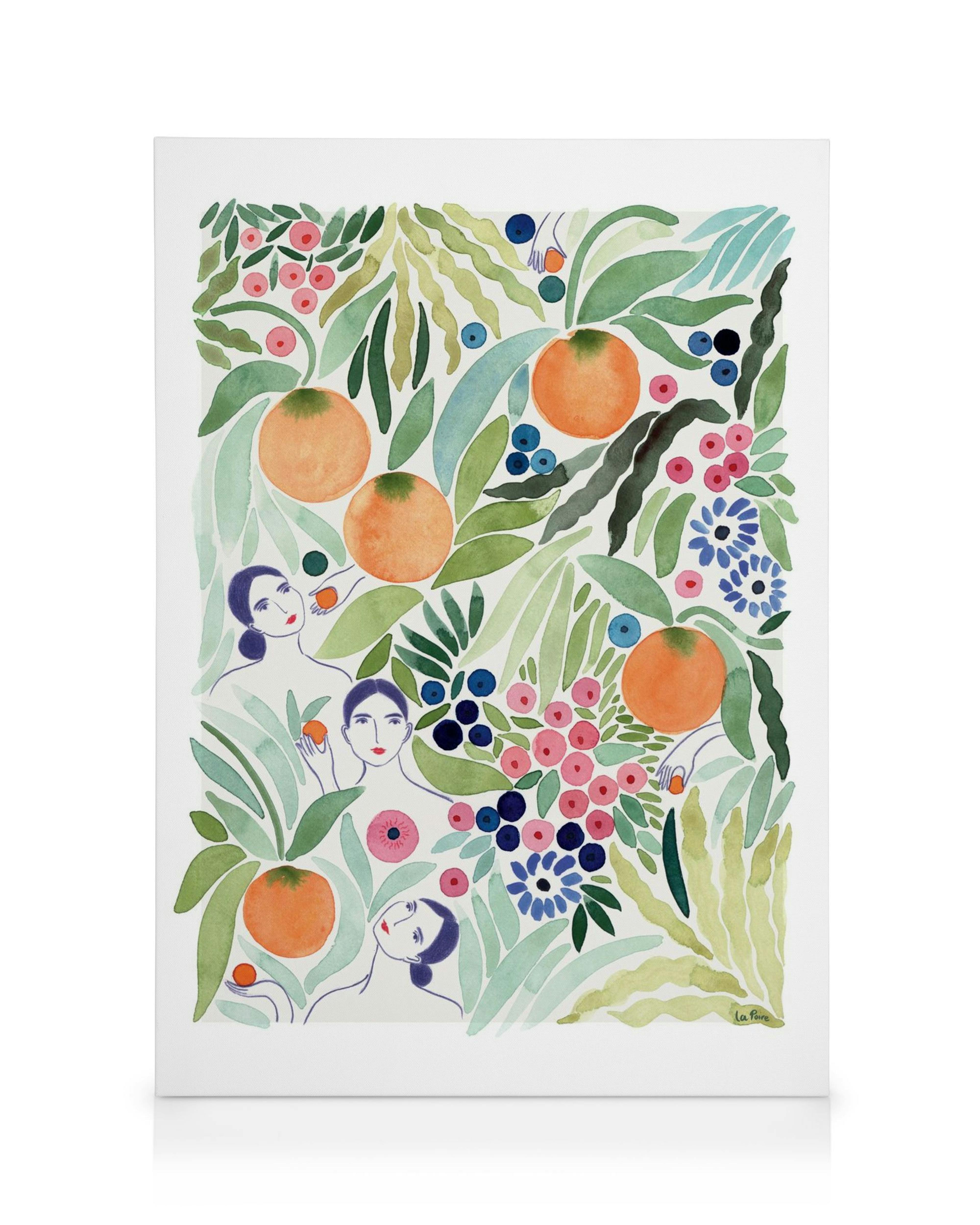 Watercolor canvas print with oranges, green leaves, blue and pink dots, and whimsical faces with blue hair.