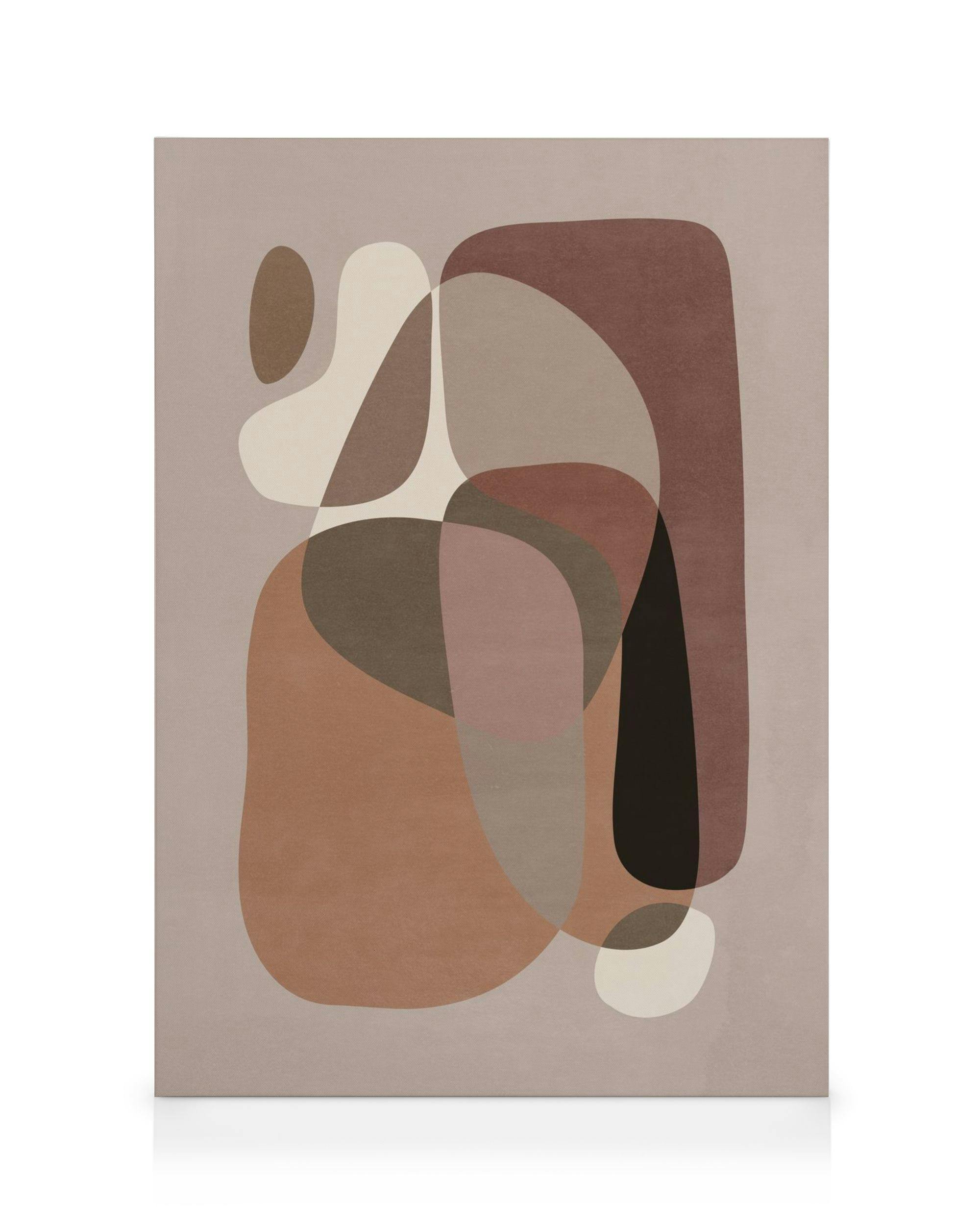 Obraz na płótnie z organicznymi kształtami w odcieniach brązu, beżu i bordo, tworzący płynną kompozycję.