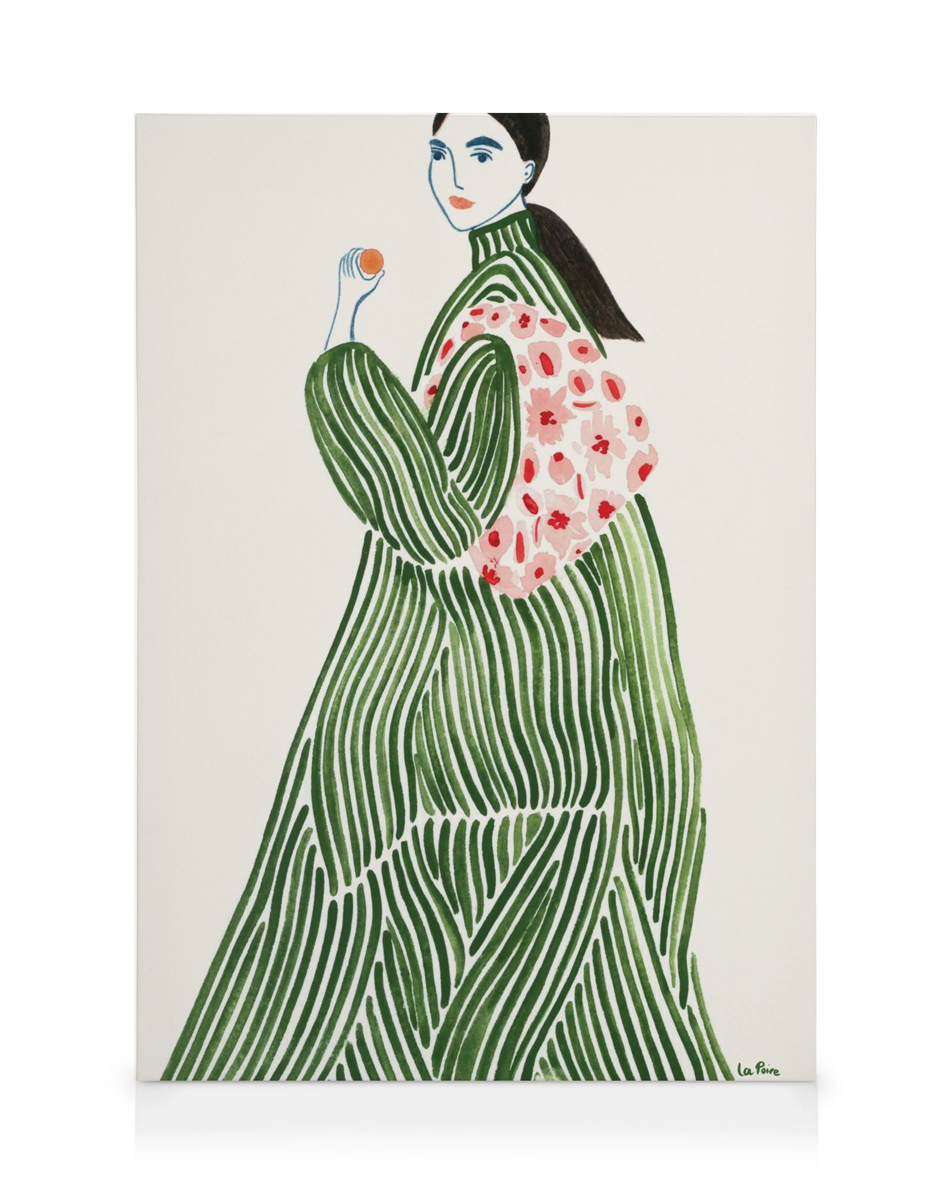 Illustration of a woman in a green striped dress with a white purse adorned with pink flowers, on a beige background.