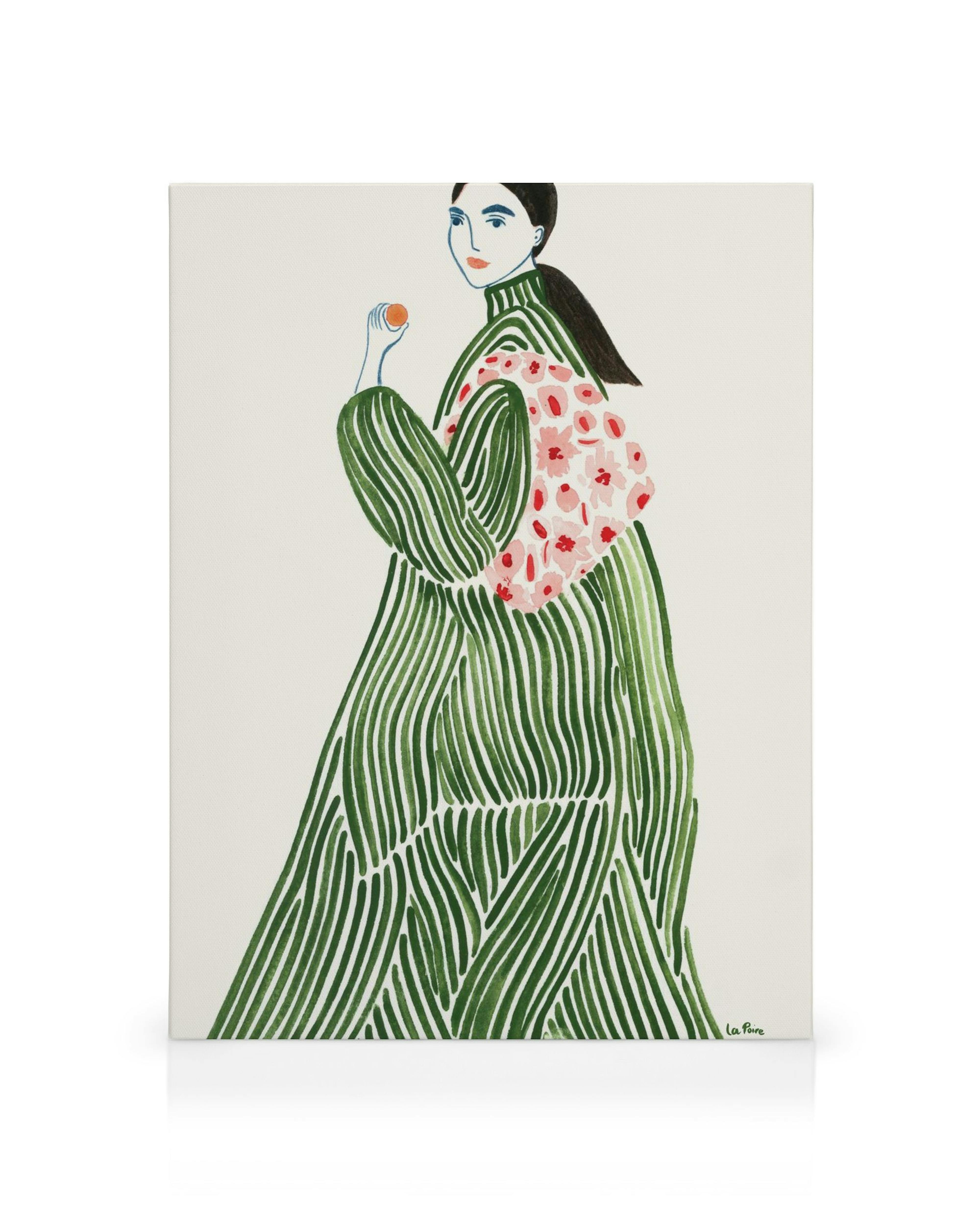 Illustration einer Frau in gestreiftem grünem Kleid mit rosa Blumenhandtasche auf beigem Hintergrund.