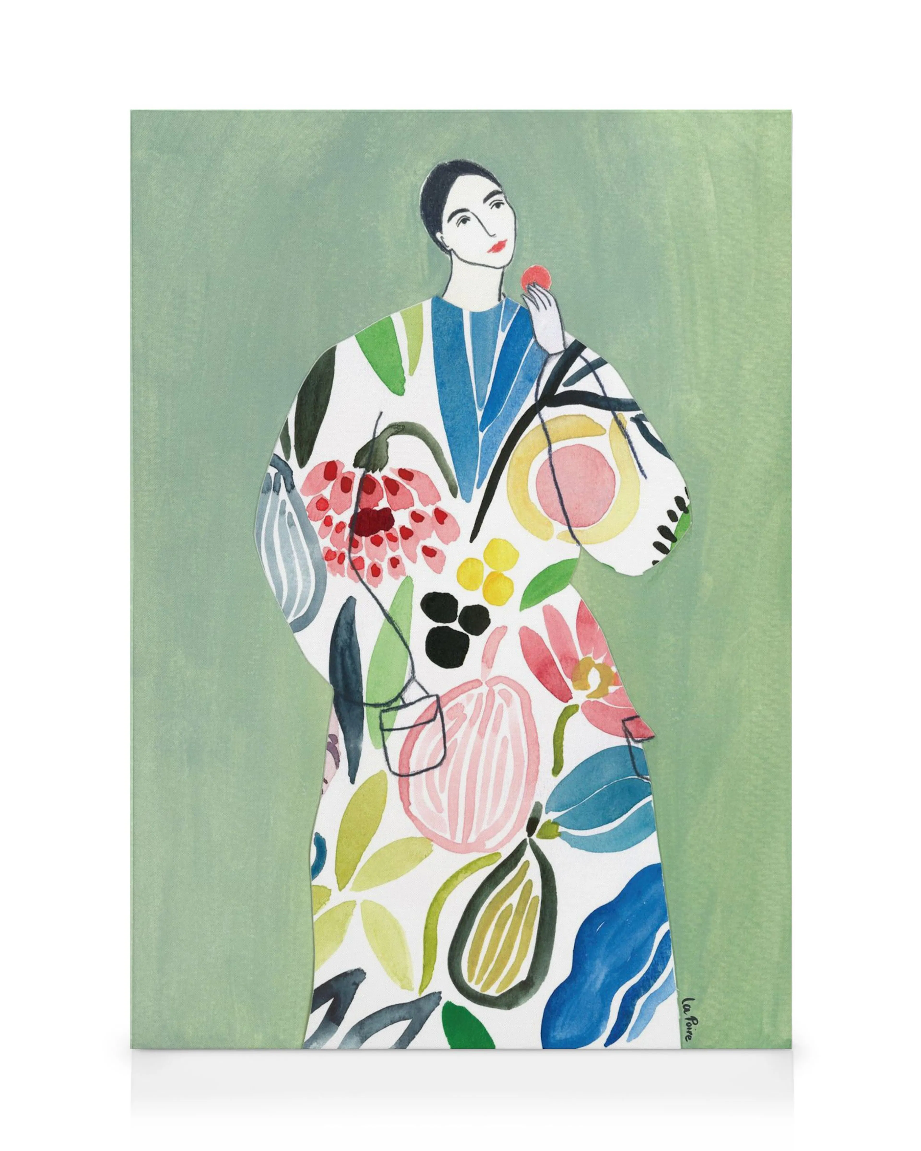 Pear Coat canvas print, featuring a woman in a vibrant, fruit-patterned dress on a green background. La Poire art.