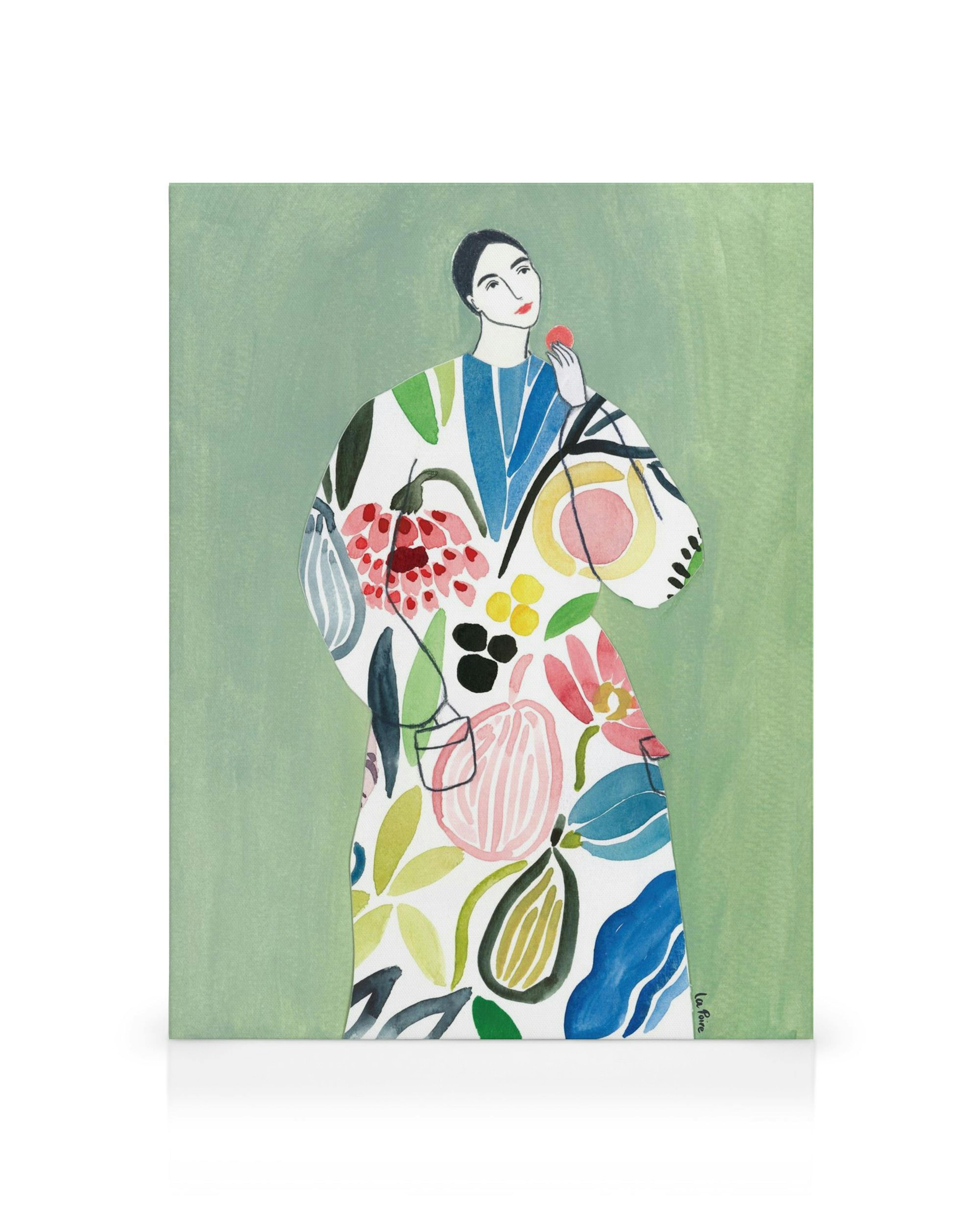 Colorful Pear Coat canvas print featuring a stylish person in a vibrant floral outfit.