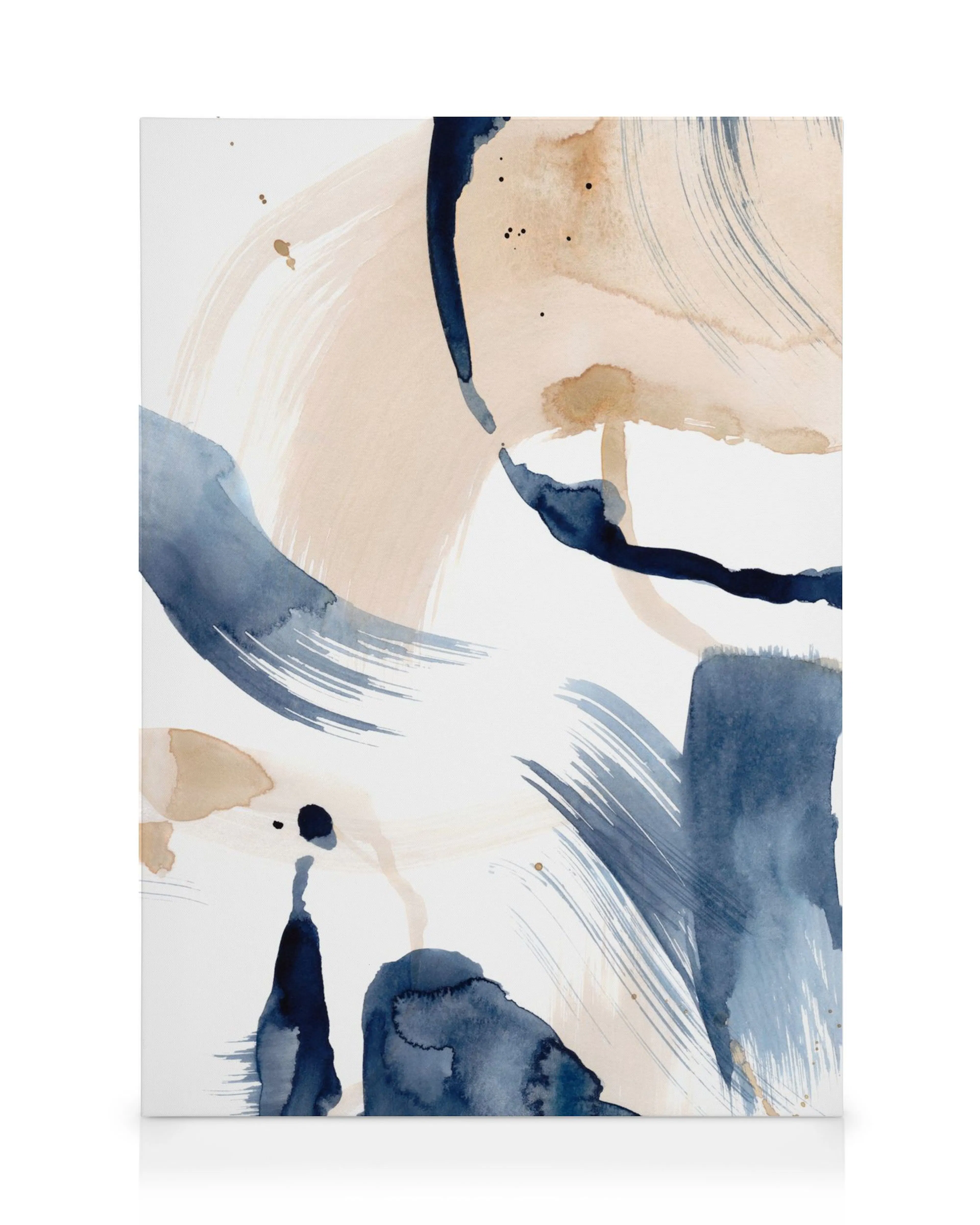Abstract canvas print with blue and beige brush strokes on a white background, perfect for modern living room decor.