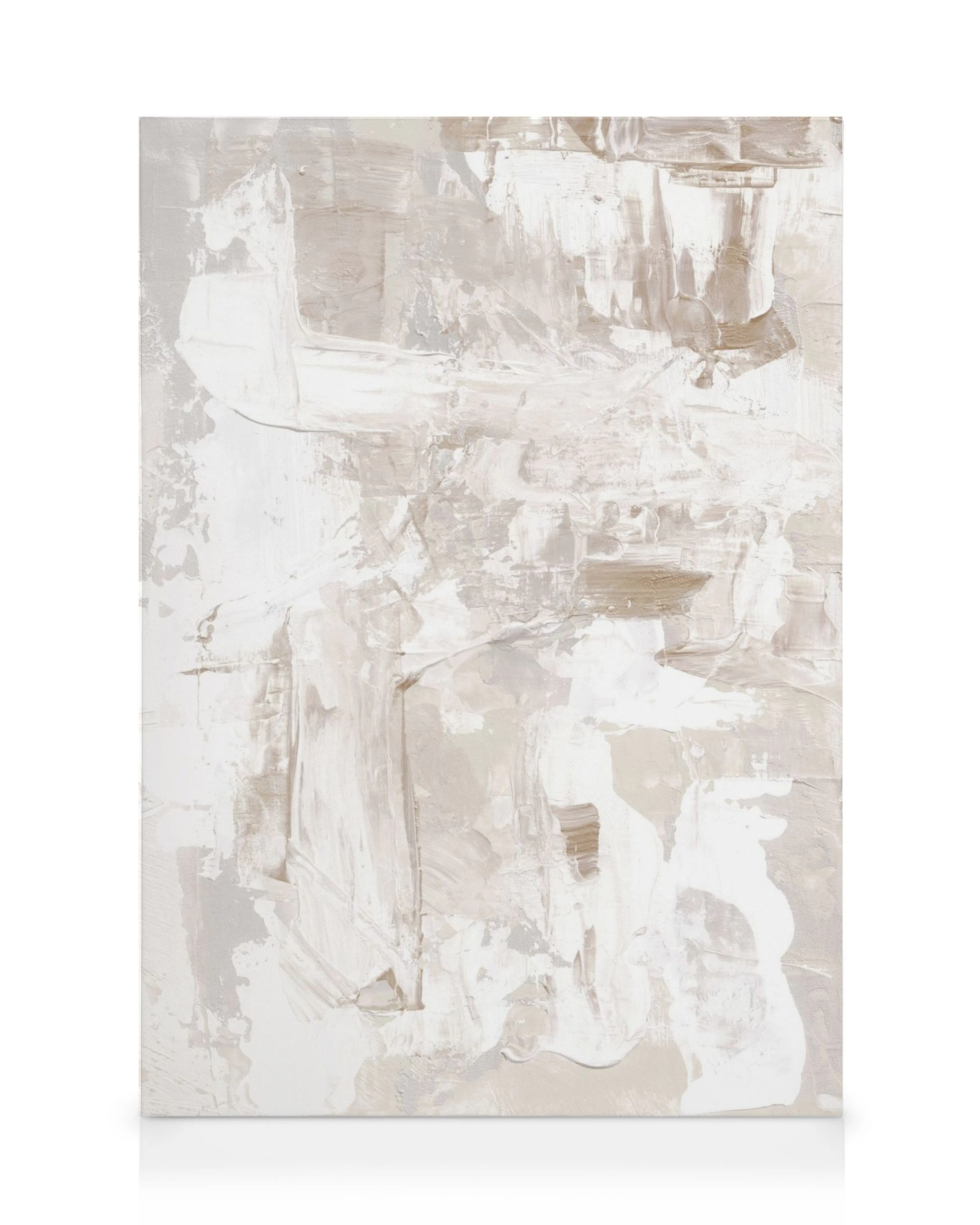 Abstrakt akrylmaleri på lærred med penselstrøg i beige, hvid og grå nuancer, moderne vægkunst.