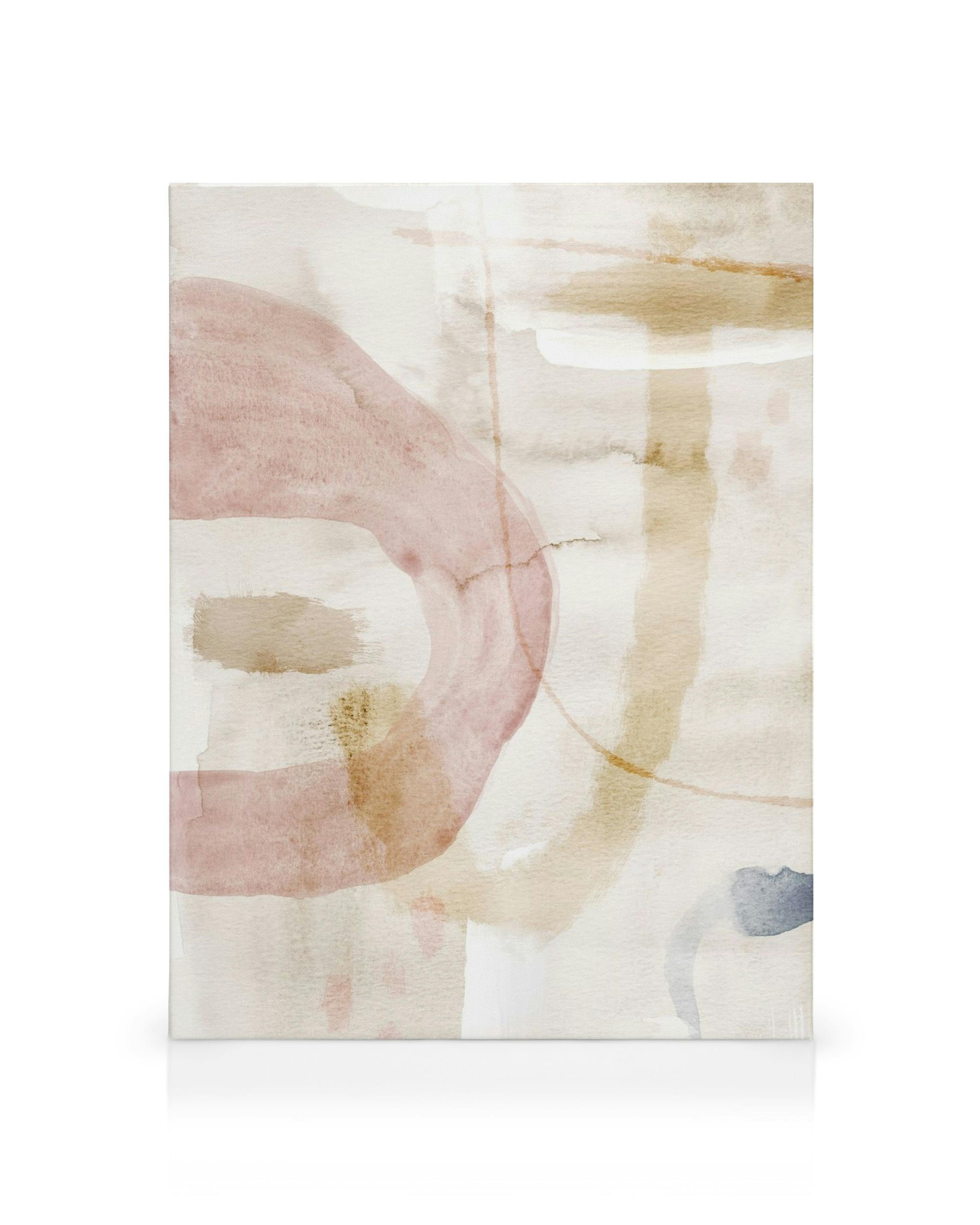 Vesivärimaalaus pehmeillä muodoilla ja väreillä: vaalea roosa, beige ja harmaa. Abstrakti kanvaasitaide.