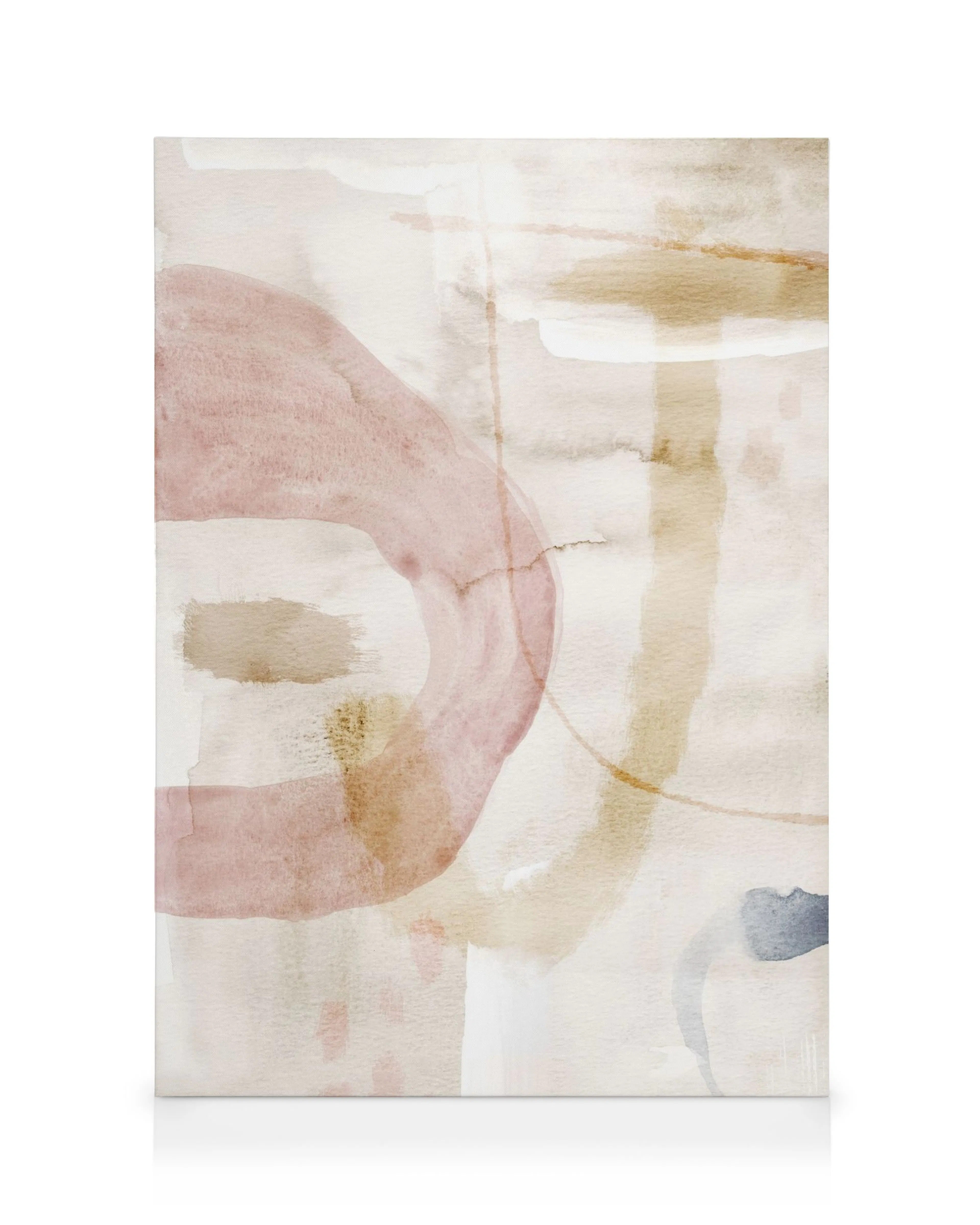 Blødt akvarelprint på lærred med abstrakte former, i nuancer af rosa, beige og blå. Trendy figurativ kunst.