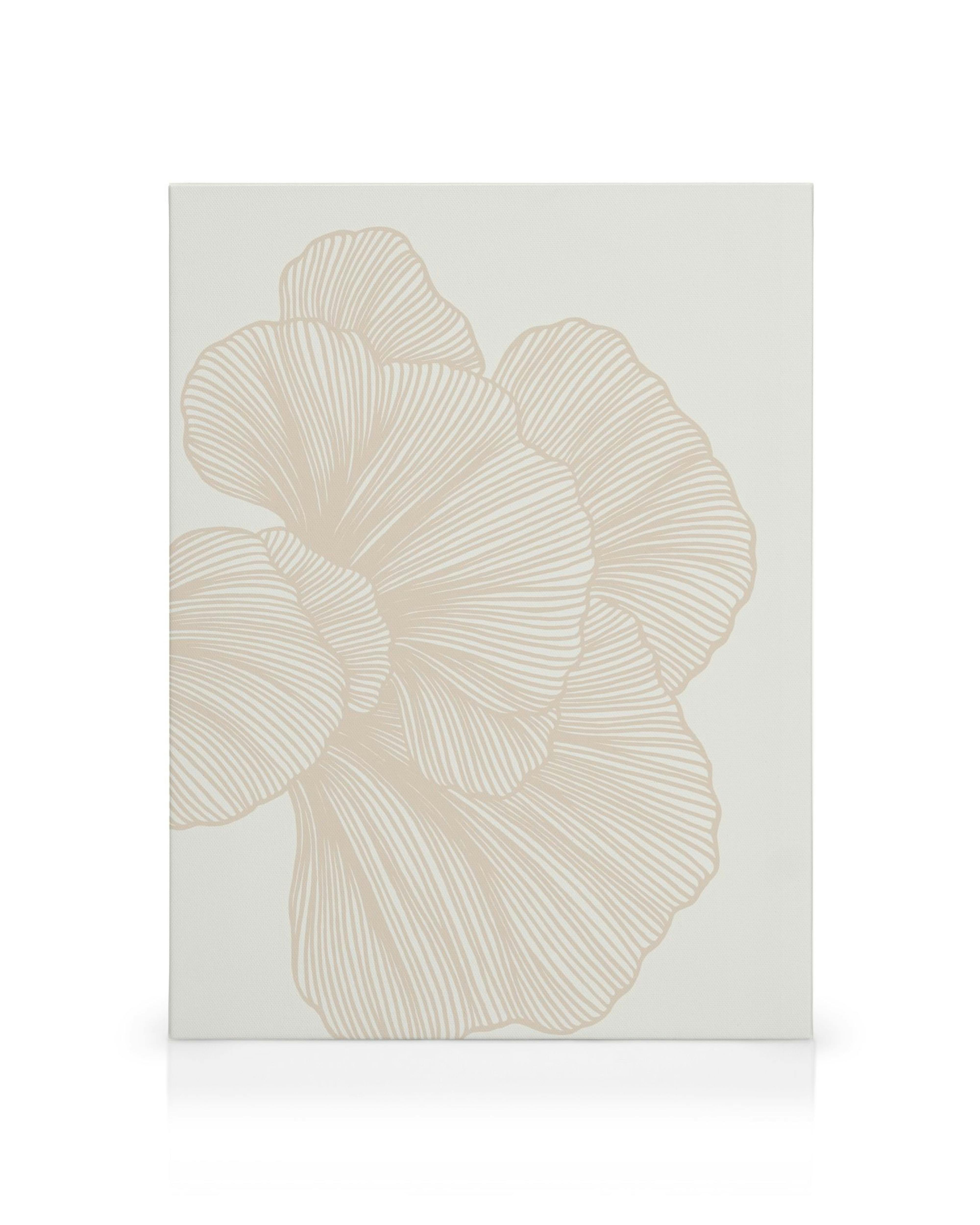 Abstracte bloemenprint met beige lijnen op witte canvas, ideaal voor elegante interieurdecoratie.