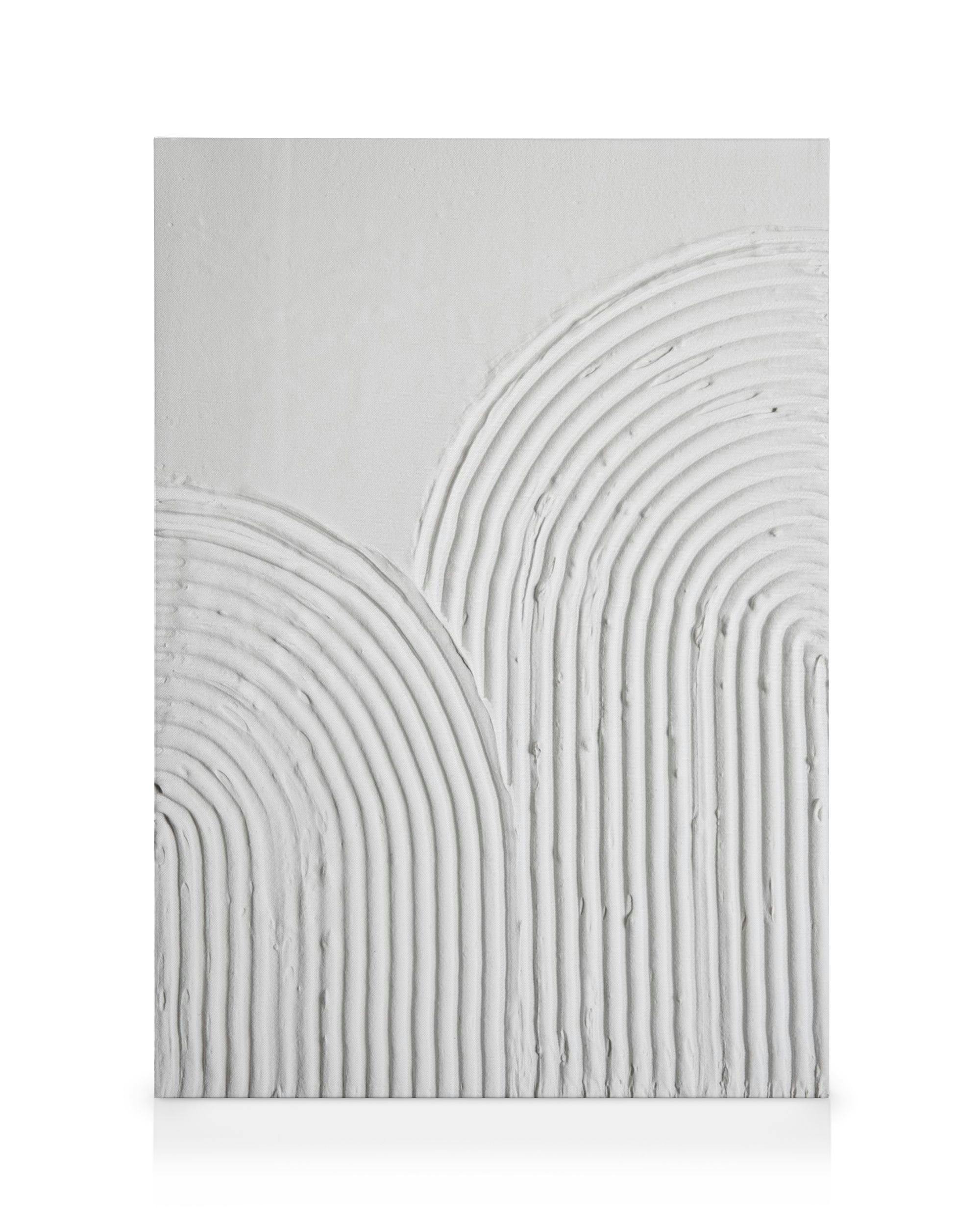 Textured canvas print with raised wavy lines and arched patterns on a smooth beige background.