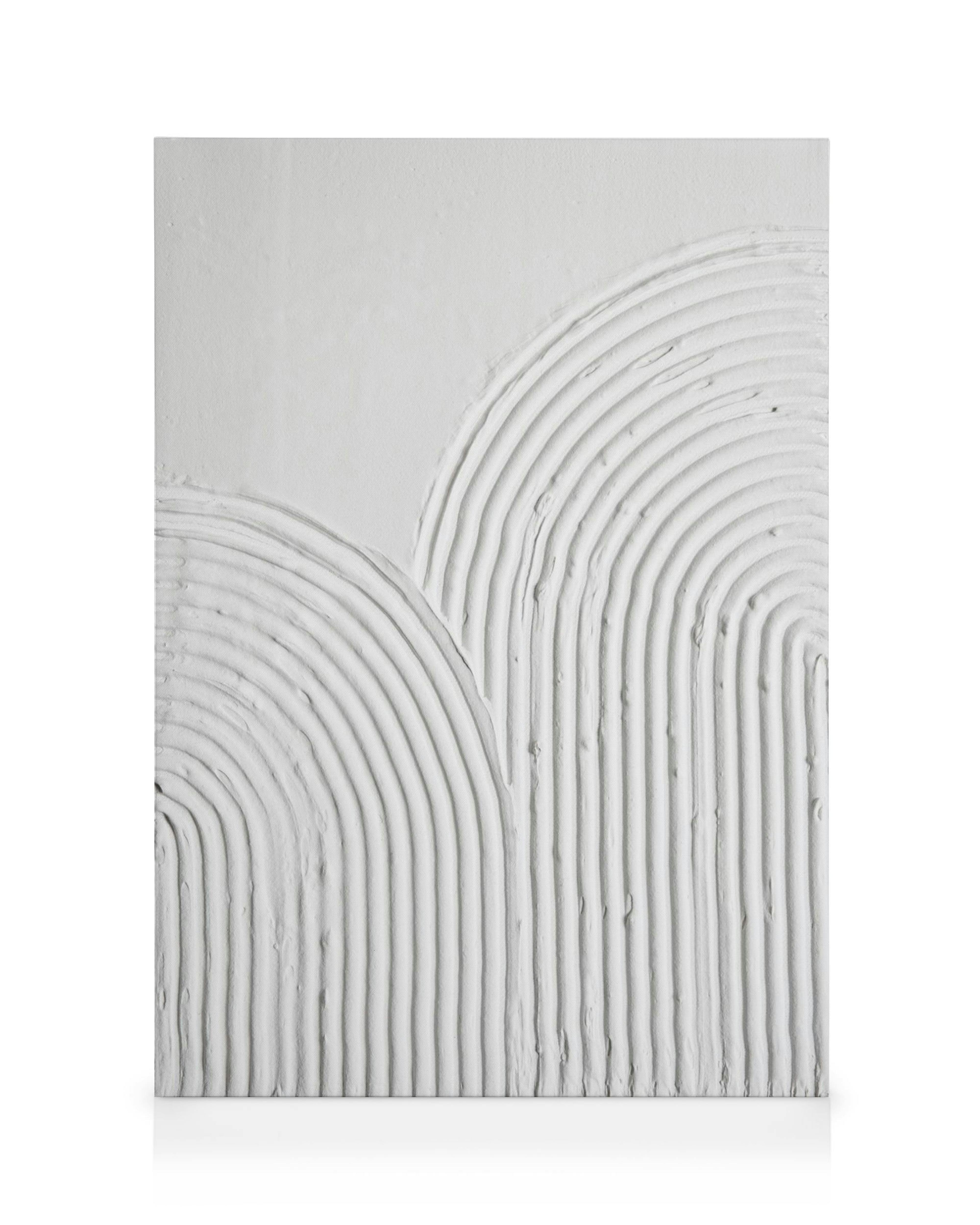 Textured canvas print with raised wavy lines and arched patterns on a smooth beige background.