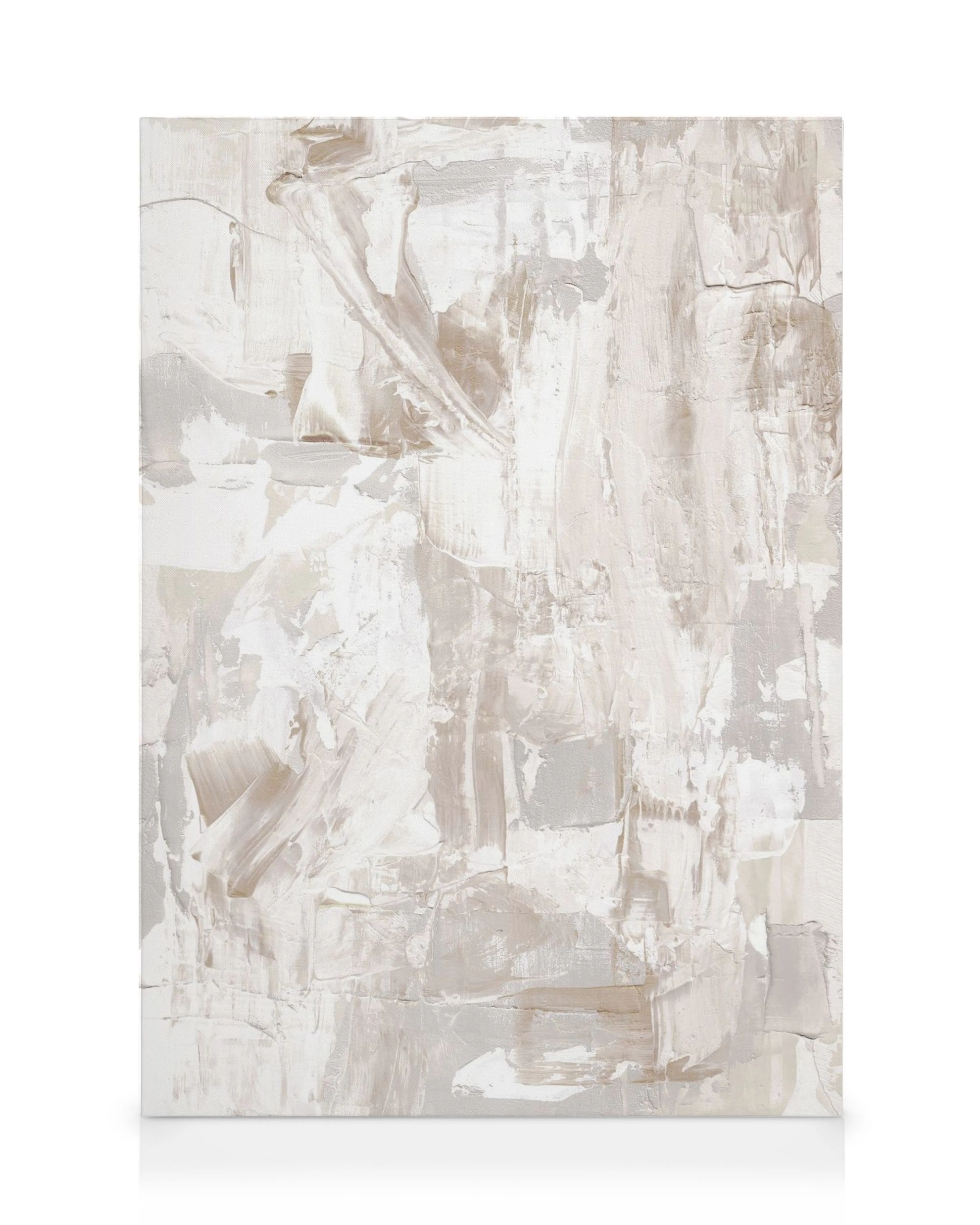 Toile abstraite avec coups de pinceau texturés en blanc, gris et beige