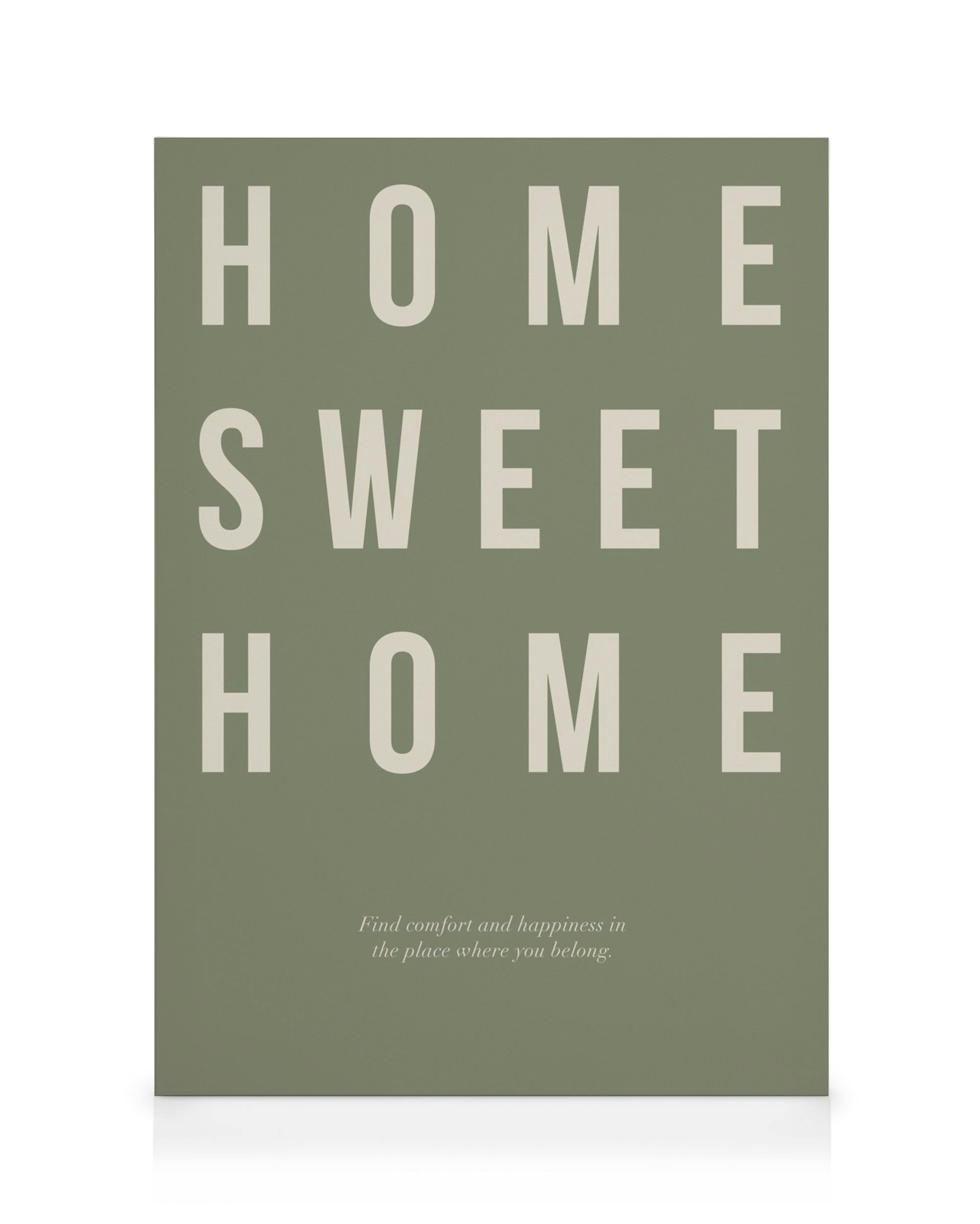 Leinwandbild mit dem Schriftzug HOME SWEET HOME in Hellbeige auf einem olivgrünen Hintergrund.
