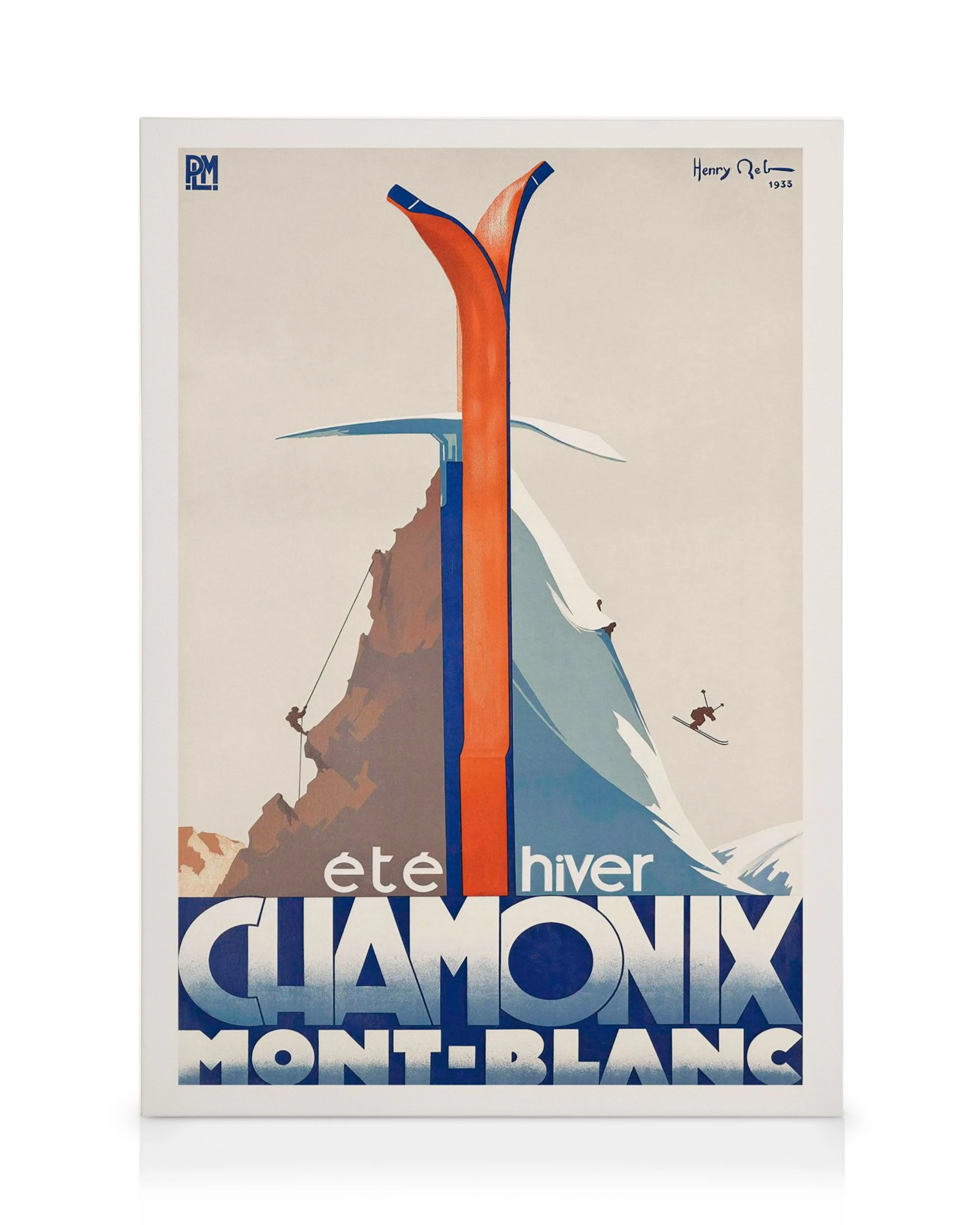 A vintage Chamonix Mont-Blanc canvas print with skiers, a climber, and the été hiver text, signed Henry Reb 1935.