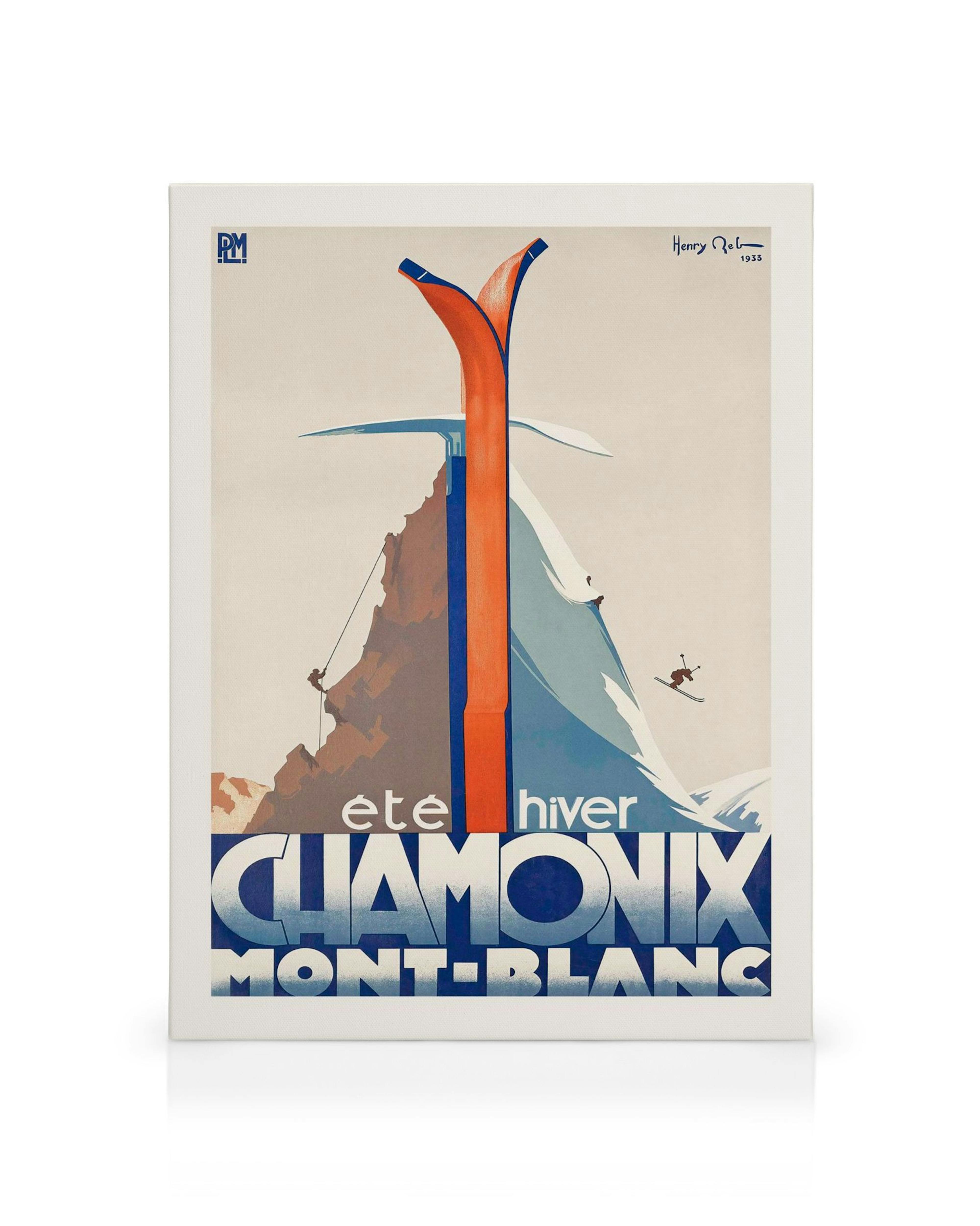 Et lærred med en vintage reklameplakat for Chamonix Mont-Blanc, der viser skiløbere og bjergbestigere.