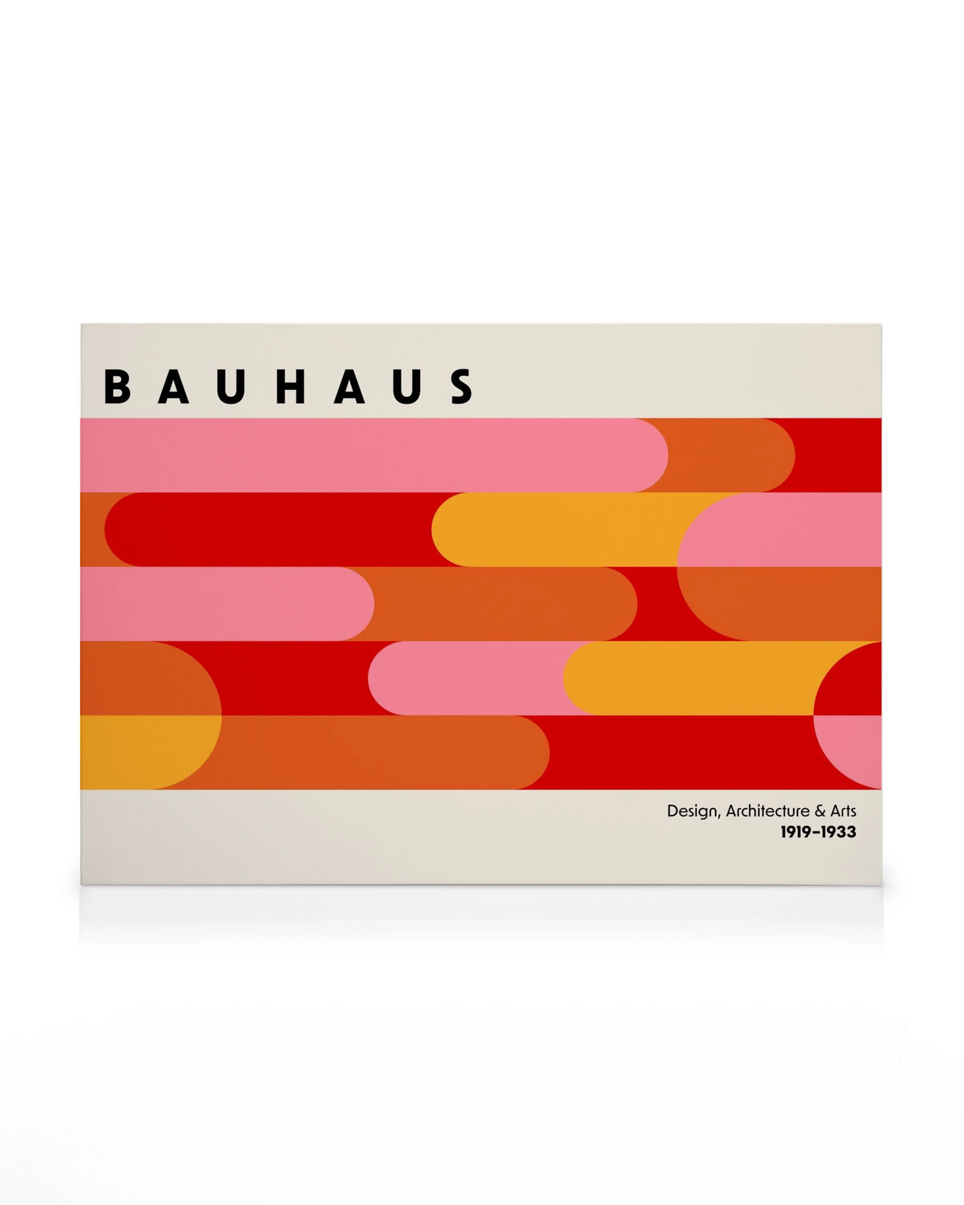 Lienzo Bauhaus con patrón de líneas horizontales gruesas en tonos rosa, naranja y rojo sobre un fondo crema.