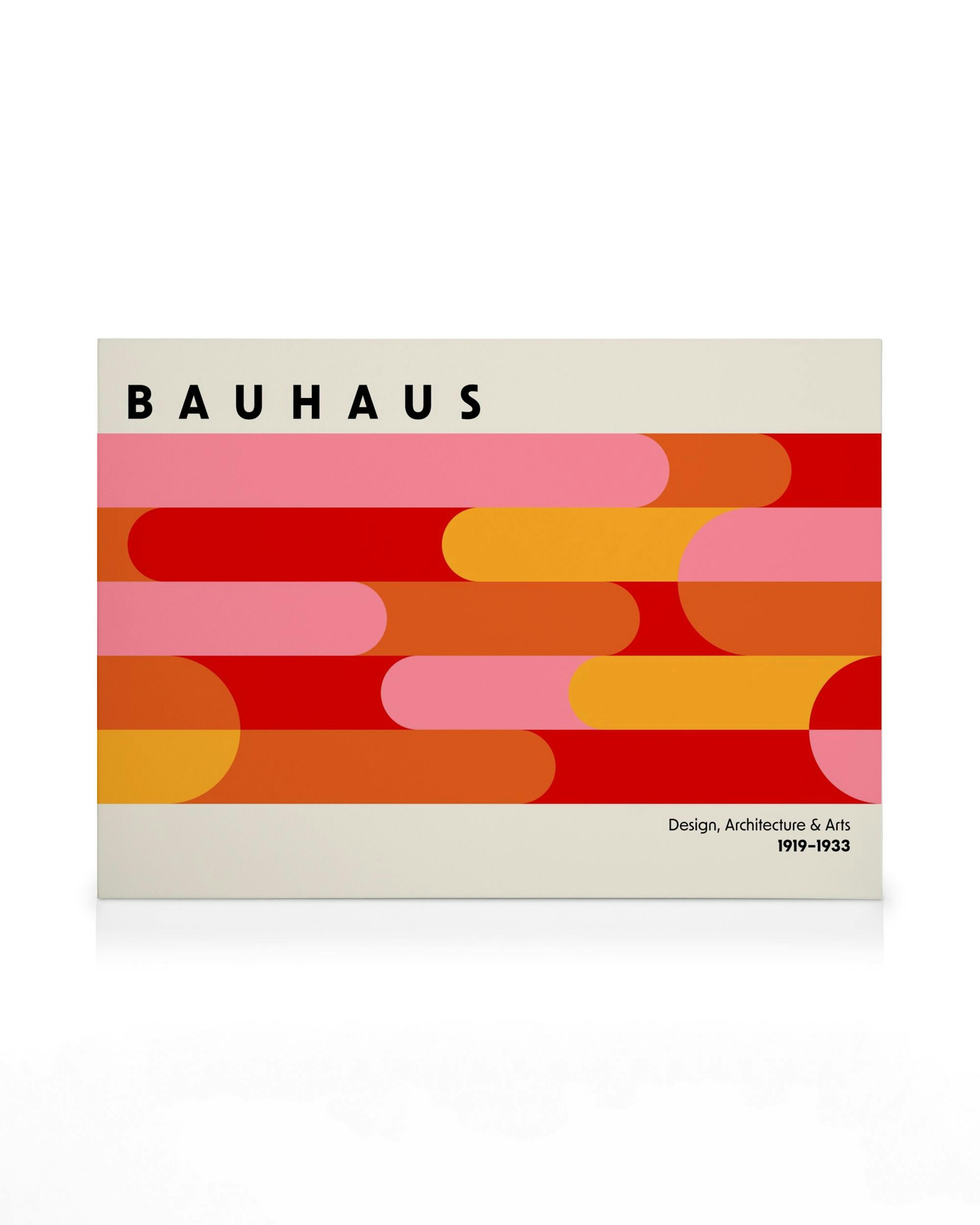 A Bauhaus-inspired canvas print with bold black text, and red, pink, and orange rounded rectangles.