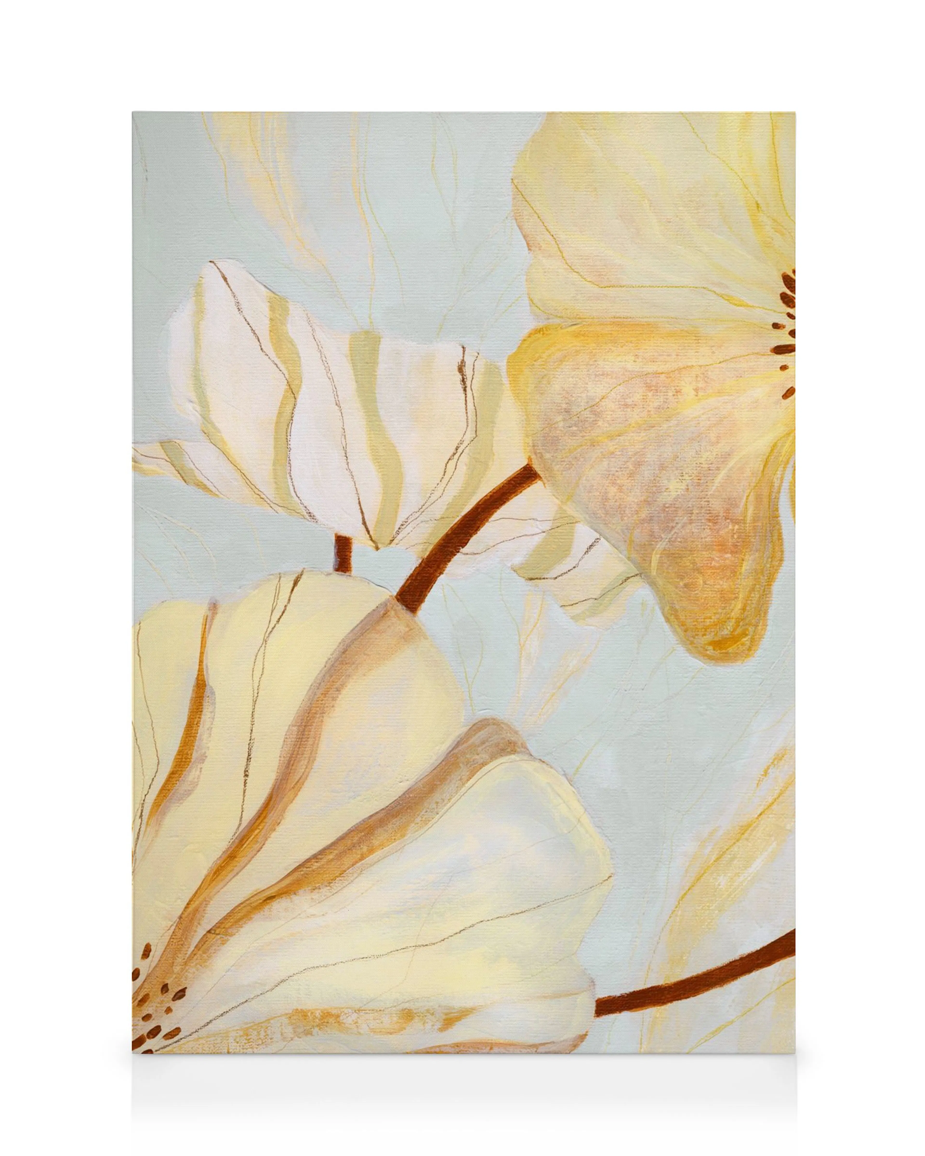 A canvas print featuring delicate yellow and white flowers with brown stems on a light blue background.