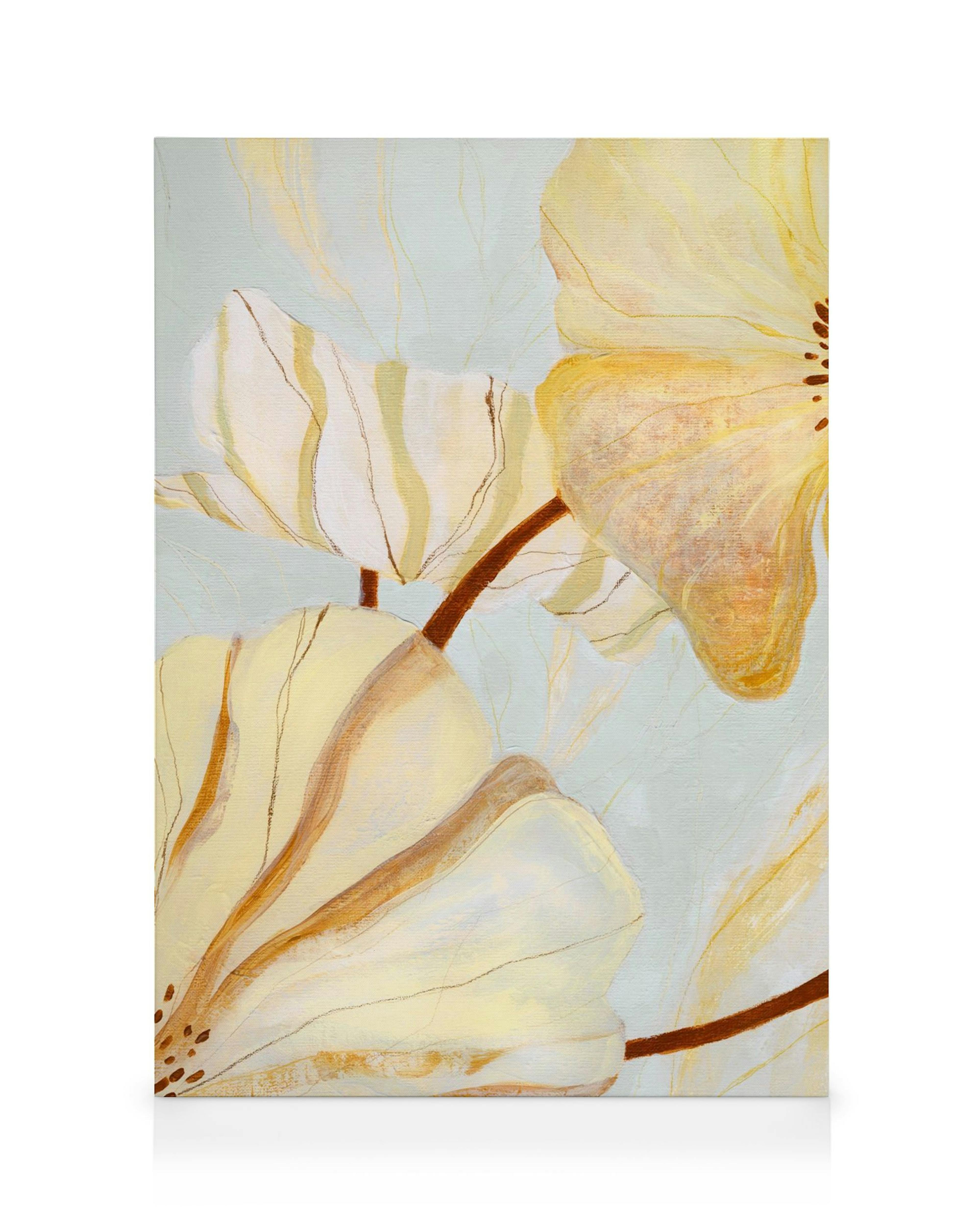 A canvas print featuring delicate white and yellow floral abstract art with brown stems on a light blue background.