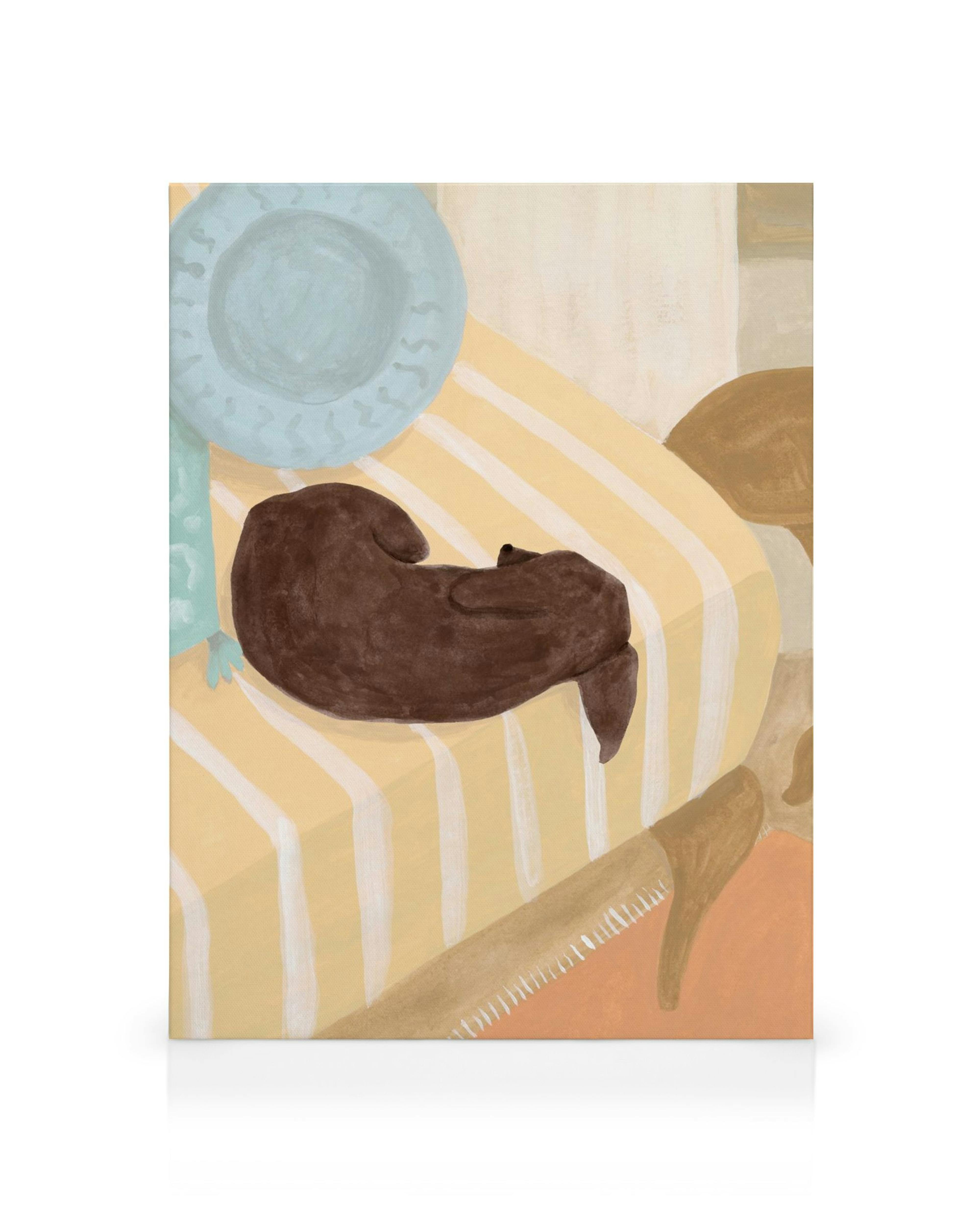 Obraz na płótnie przedstawiający brązowego psa śpiącego na beżowo-białym pasiasym kocu.