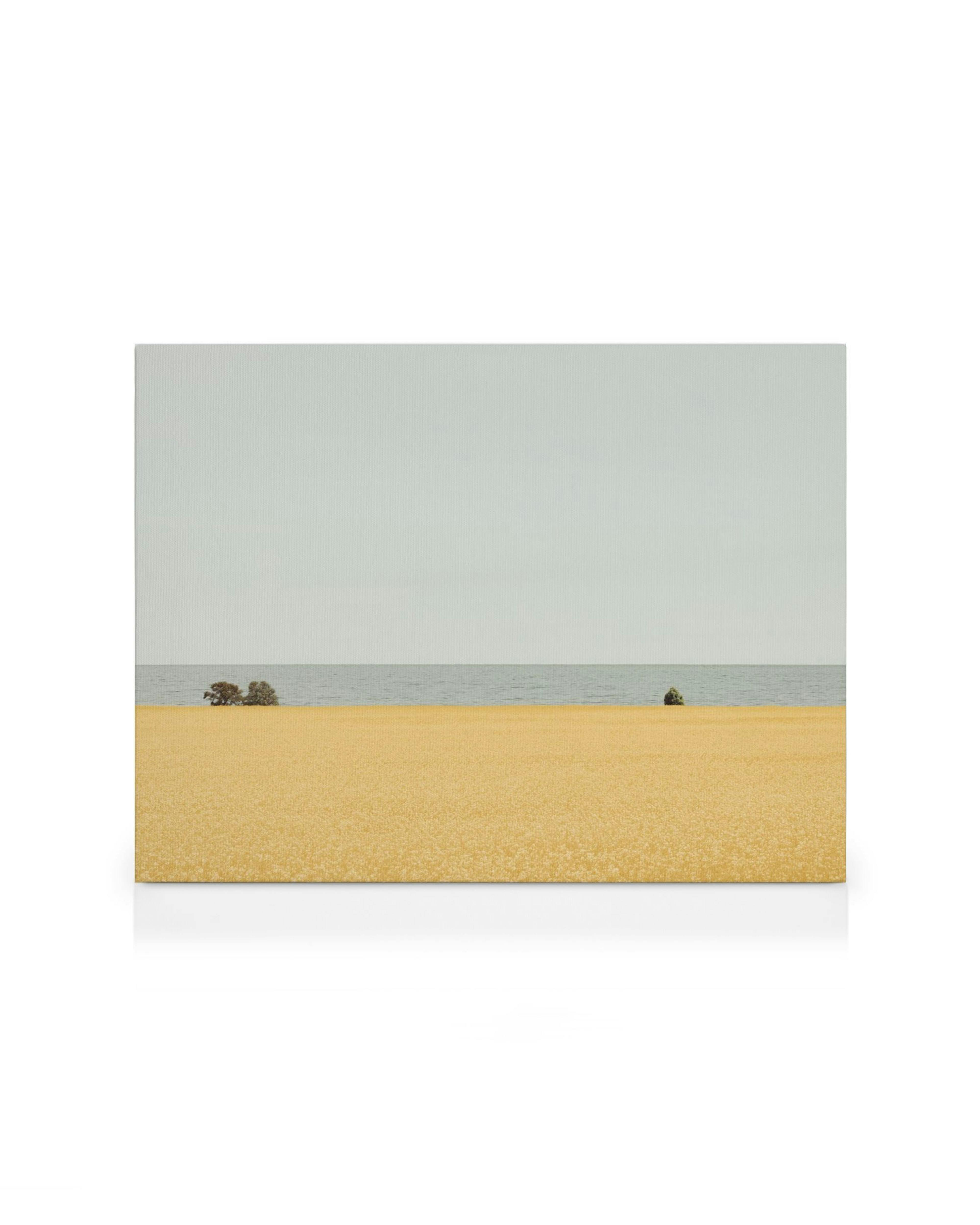 Minimalistisches Leinwandbild eines Strandes mit goldenem Sand, grauem Himmel und blauem Meer.