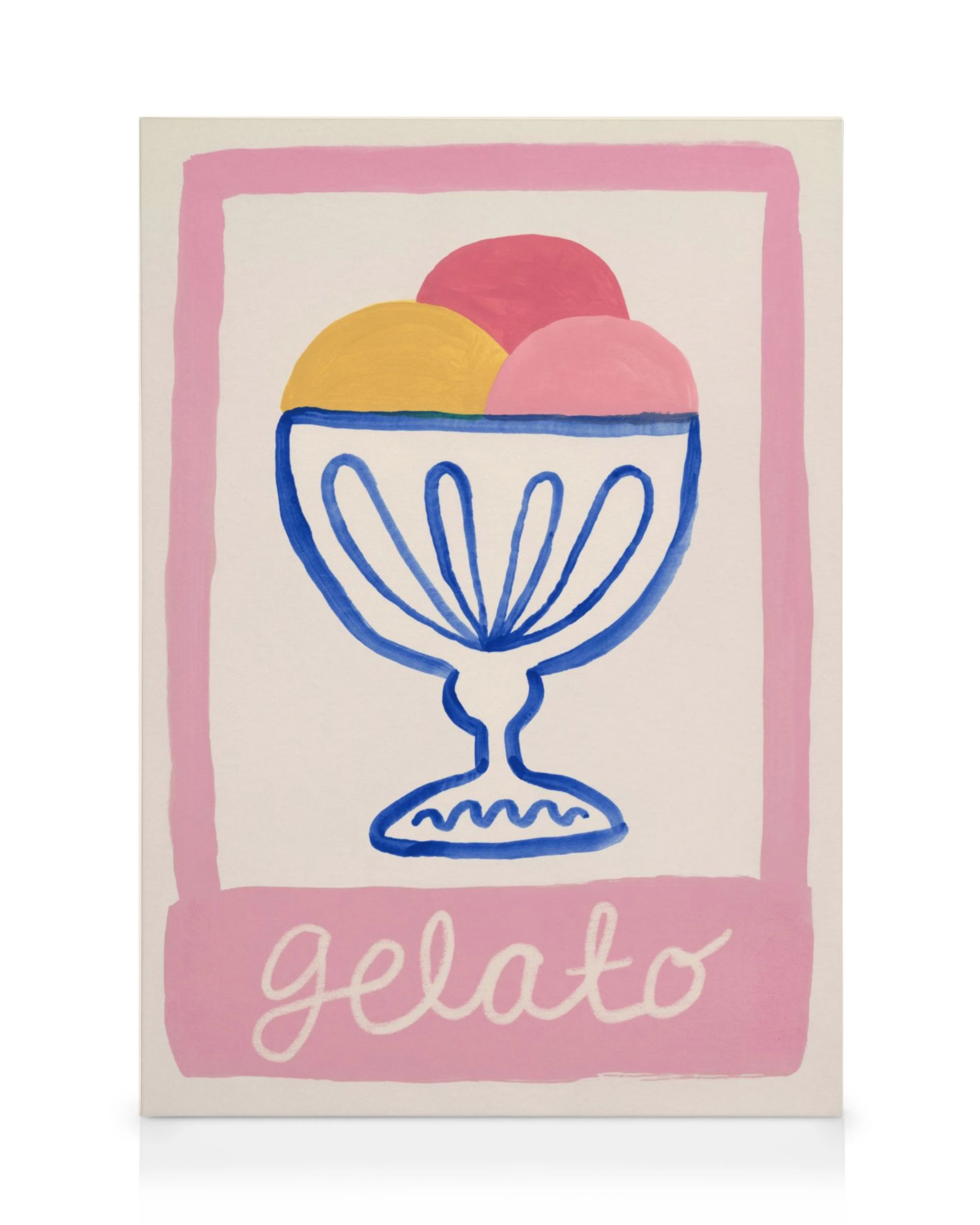 Leinwandbild mit einem blauen Eisbecher und drei Kugeln Eis in Gelb und Rosa, umrahmt von einem rosa Rand. Unten steht das Wort 