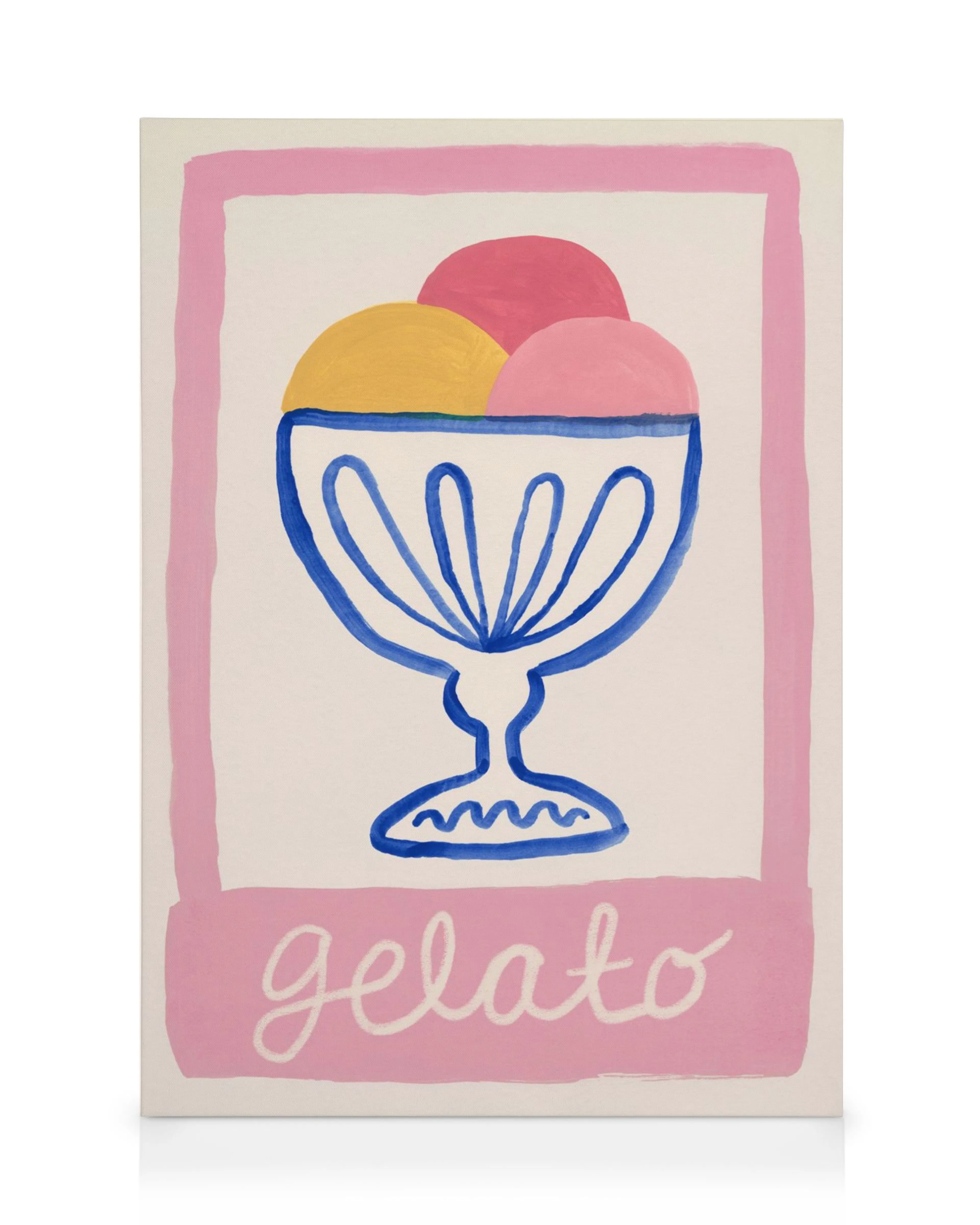 A canvas print featuring a blue ice cream sundae dish with pink and yellow scoops, framed by a pink border, and gelato text belo