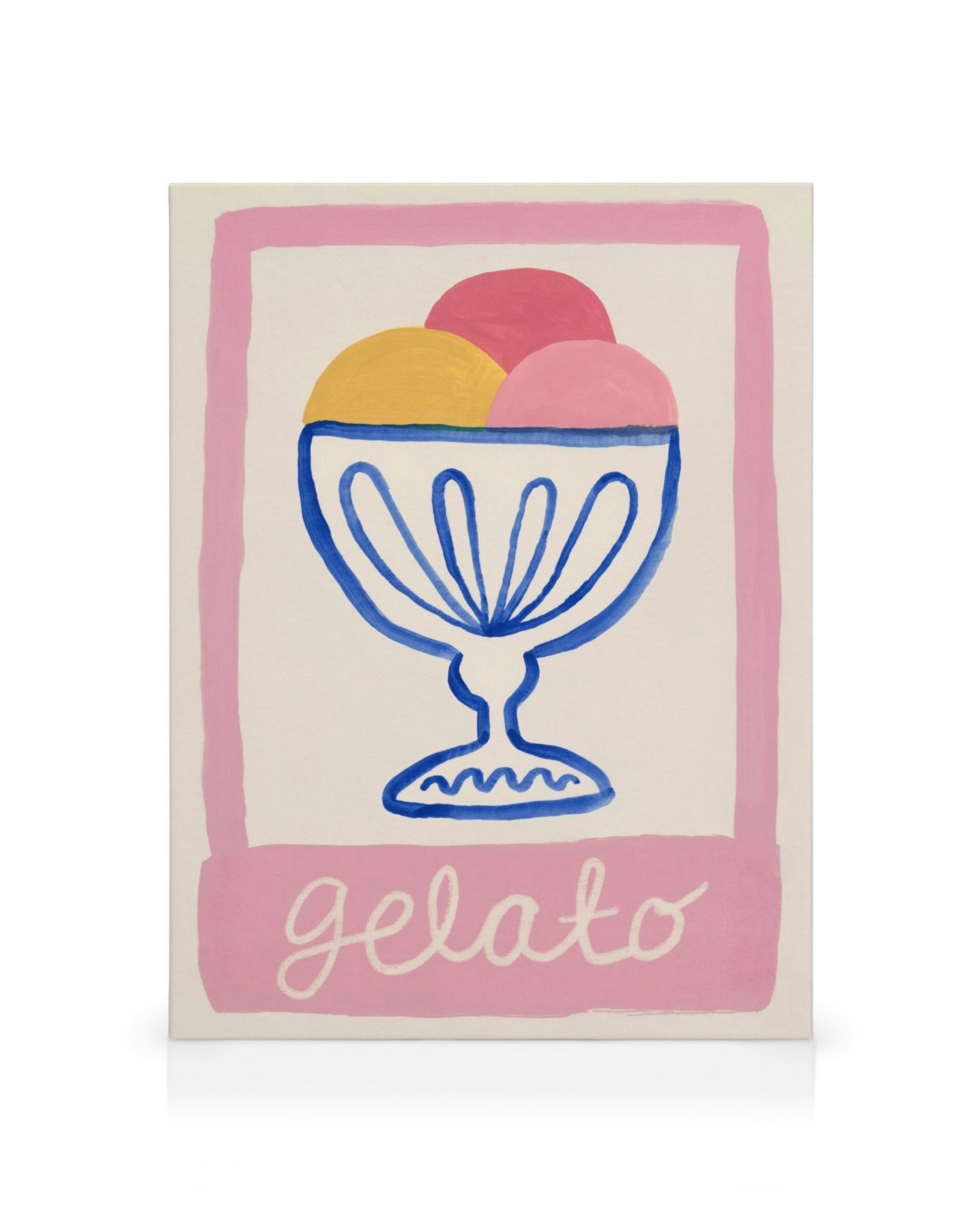 Et lerretsbilde av en blå bolle med rosa og gul iskrem, omkranset av en rosa ramme med teksten gelato.