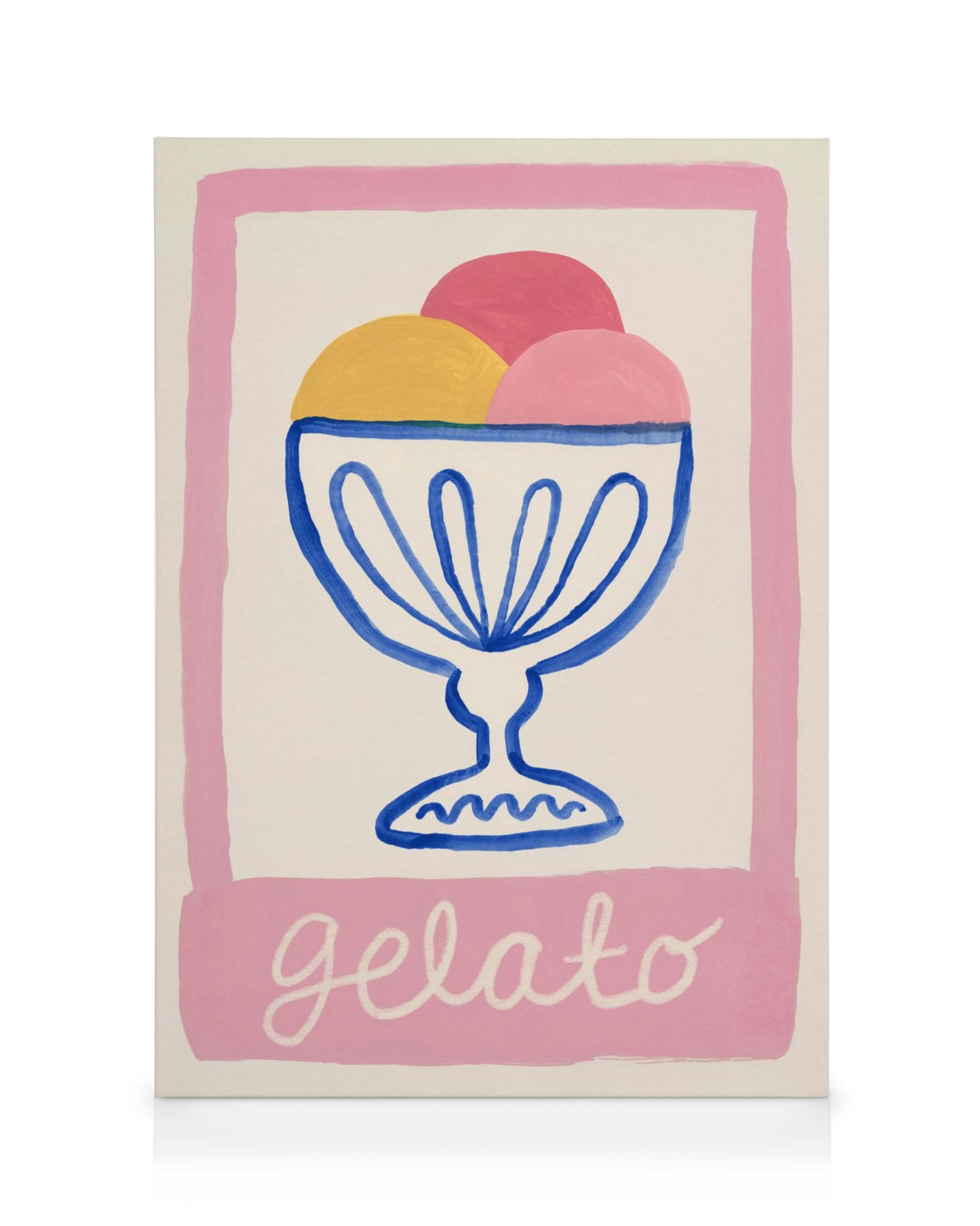 Leinwandbild mit einem blauen Eisbecher und drei Kugeln Eis in Gelb und Rosa, umrahmt von einem rosa Rand. Unten steht das Wort 