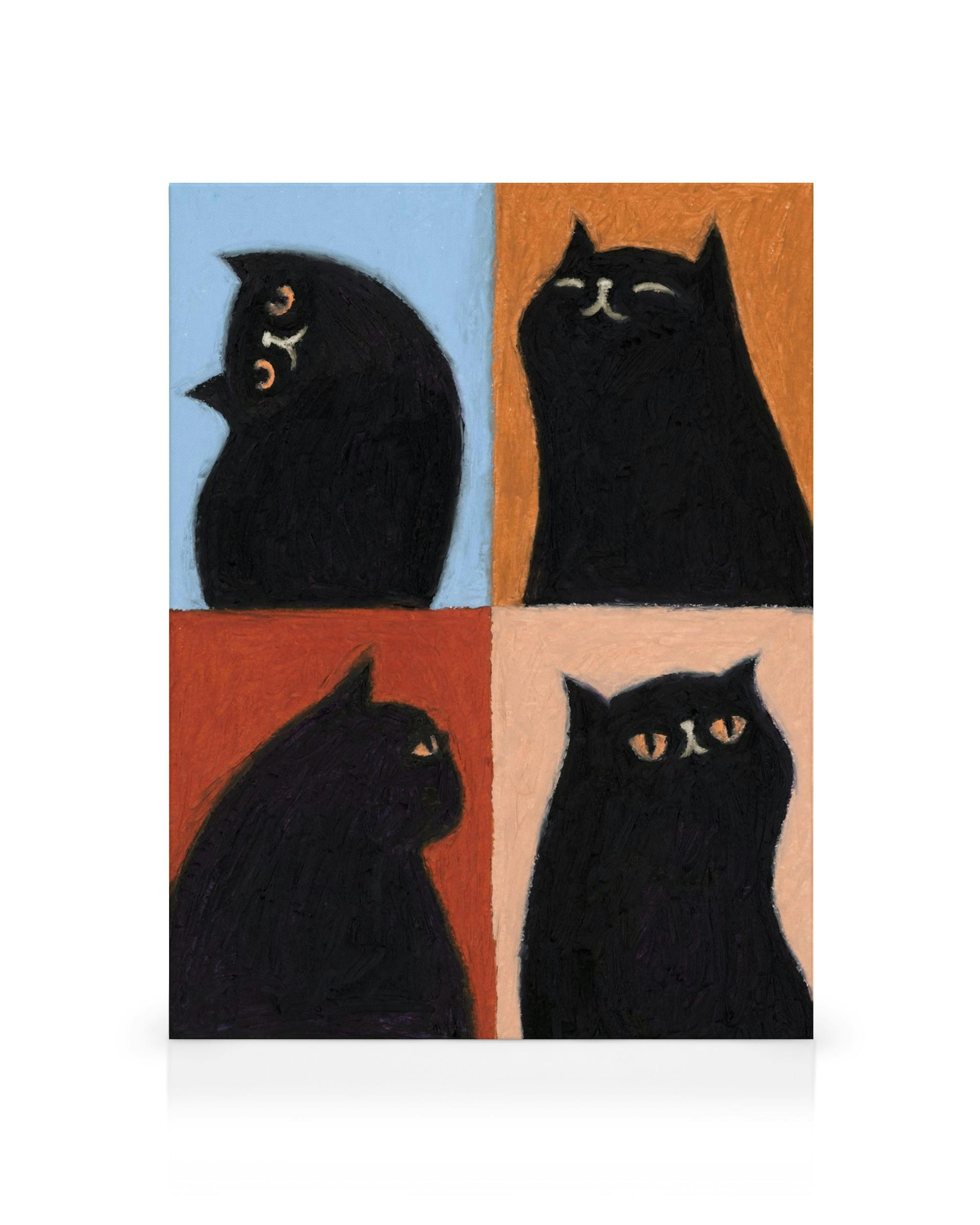 Stampa su tela con quattro gatti neri stilizzati, ognuno su uno sfondo colorato diverso: blu, arancione, rosso e rosa chiaro.