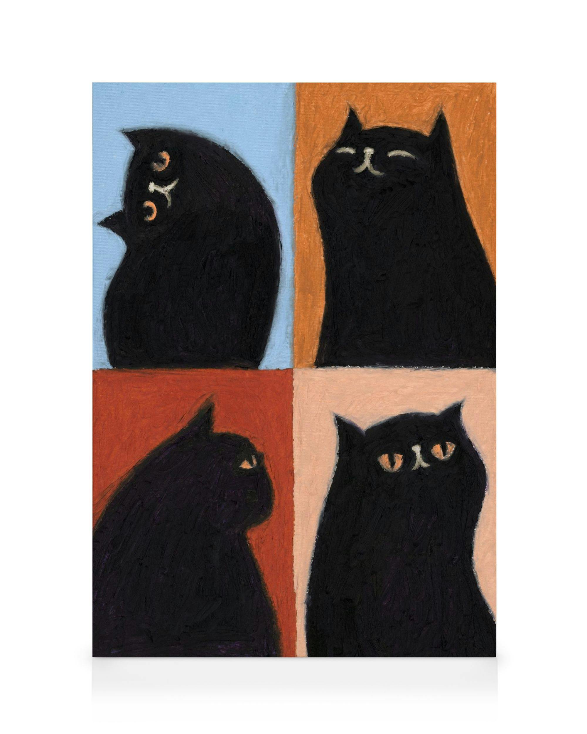 Καμβάς με τέσσερις μαύρες γάτες σε χρωματιστά τετράγωνα: γαλάζιο, πορτοκαλί, κόκκινο και ροζ.