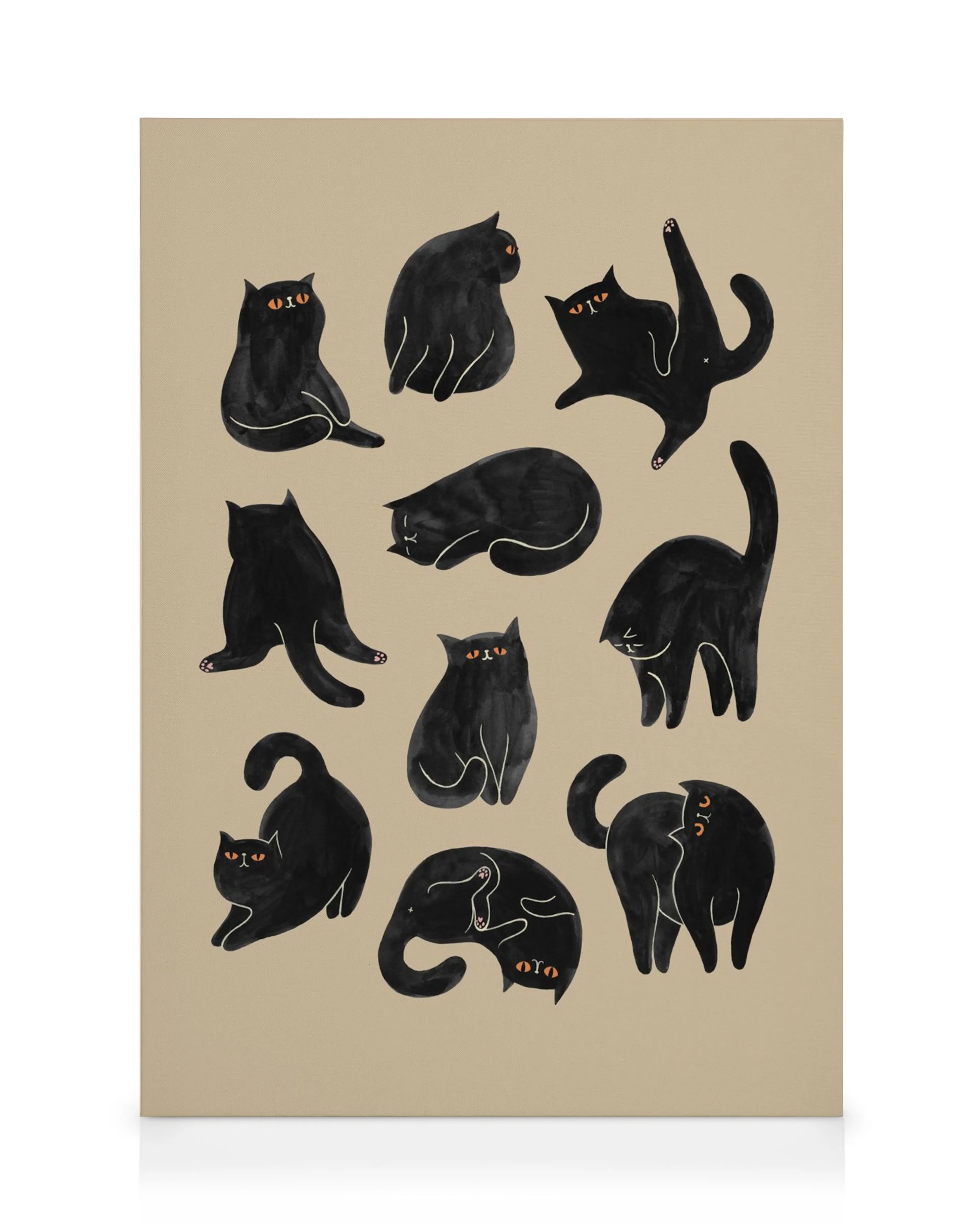 A canvas print featuring multiple black cats in various poses with orange eyes on a light beige background.