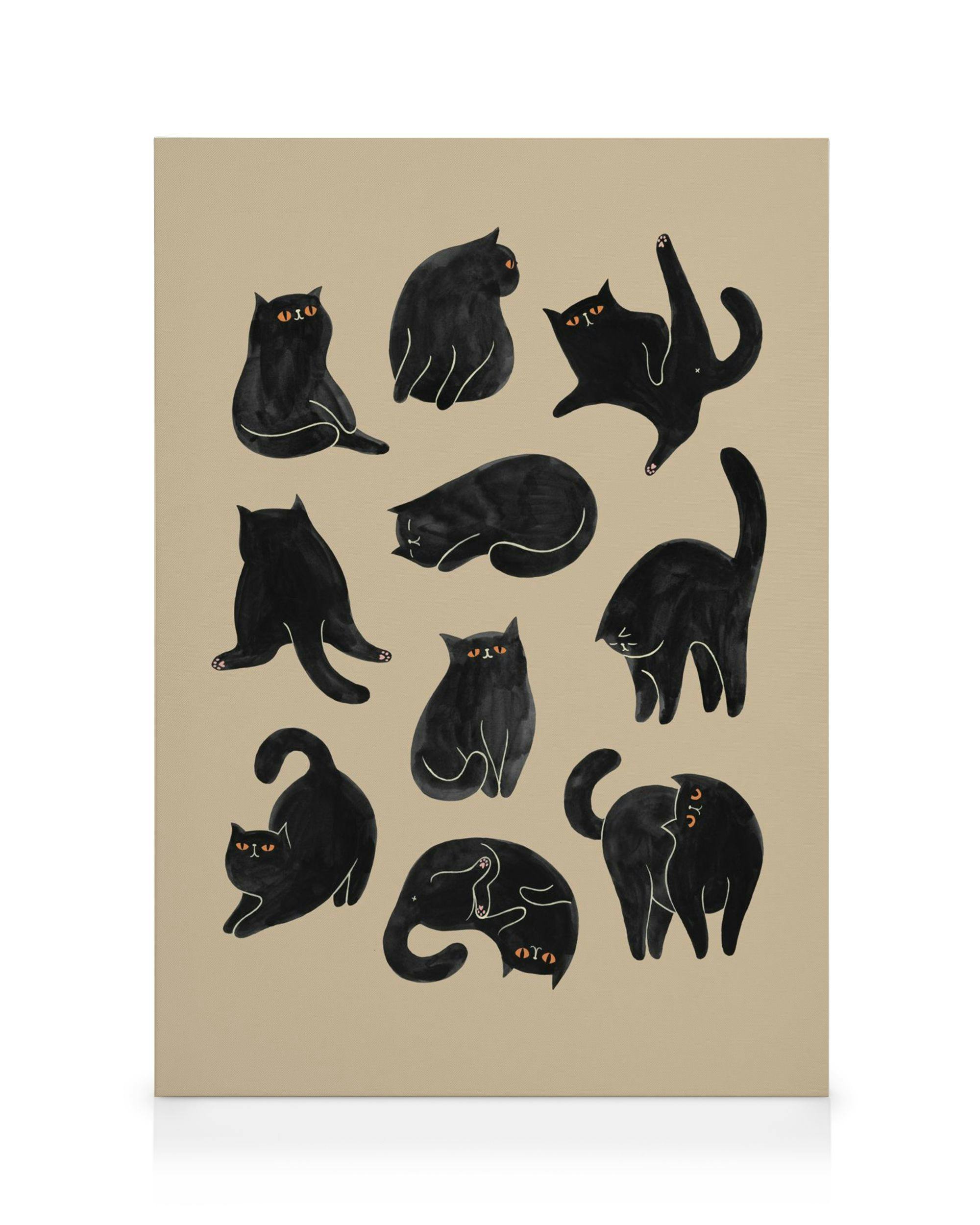 Toile illustrée de chats noirs aux yeux orange dans diverses poses sur fond beige.