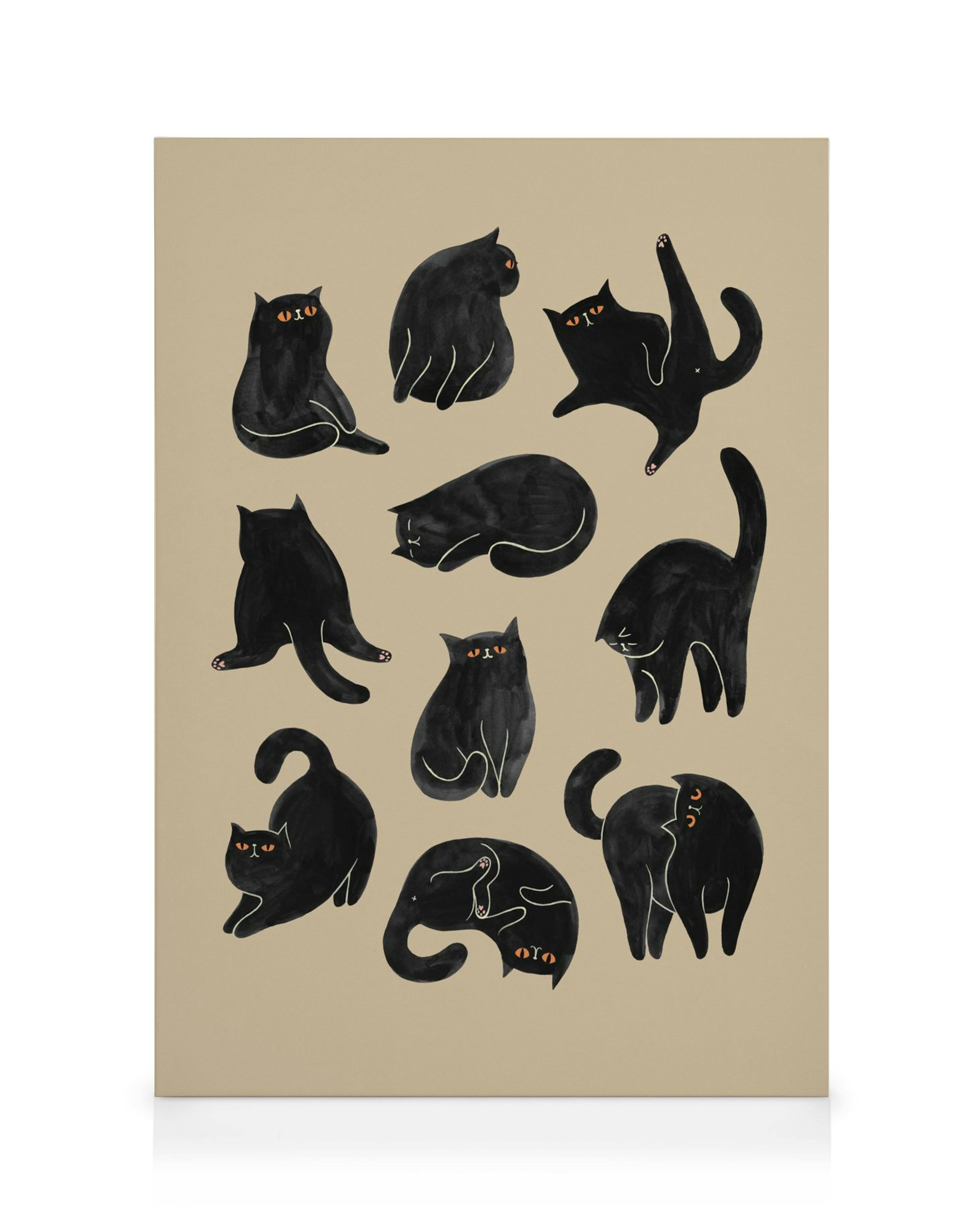 Toile illustrée de chats noirs aux yeux orange dans diverses poses sur fond beige.