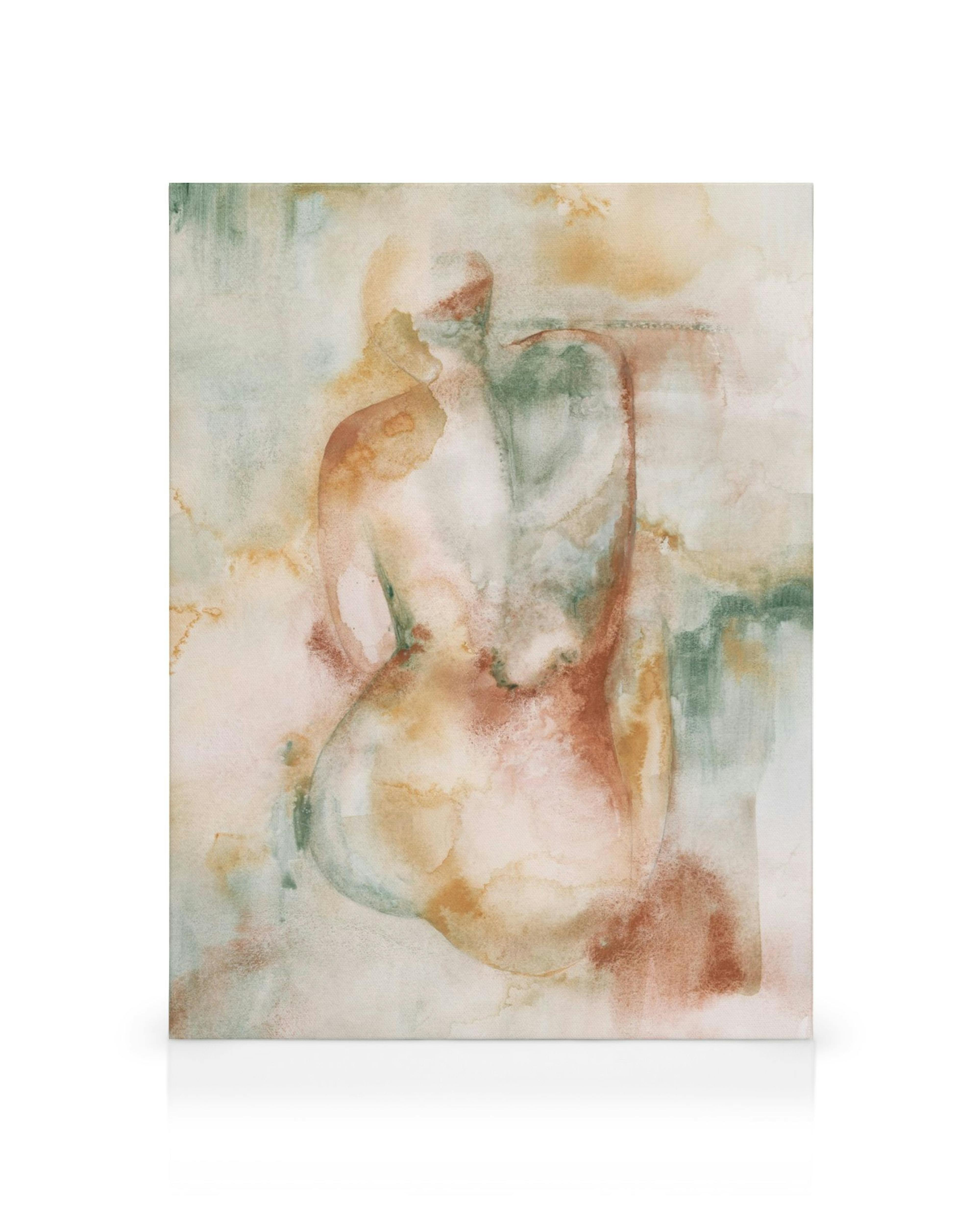 En canvastavla med en akvarellmålning av en sittande kvinnlig nakenkropp i varma jordnära färger som brunt och beige, med inslag