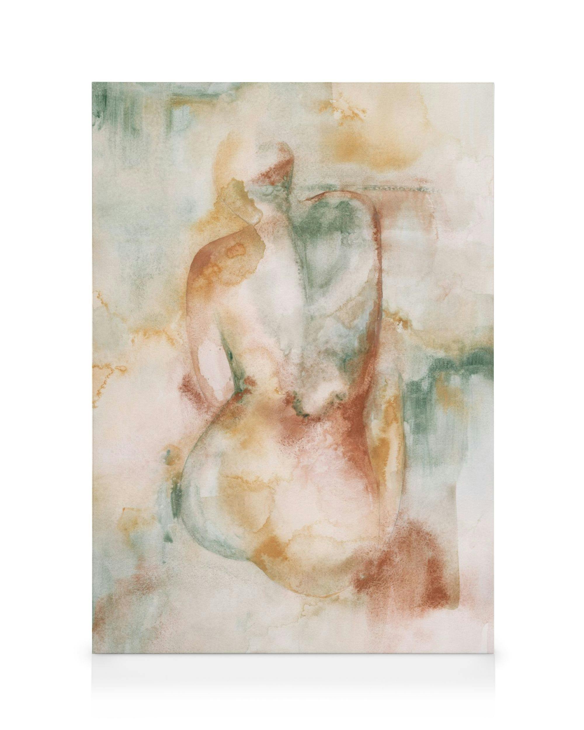 En canvastavla med en akvarellmålning av en sittande kvinnlig nakenkropp i varma jordnära färger som brunt och beige, med inslag