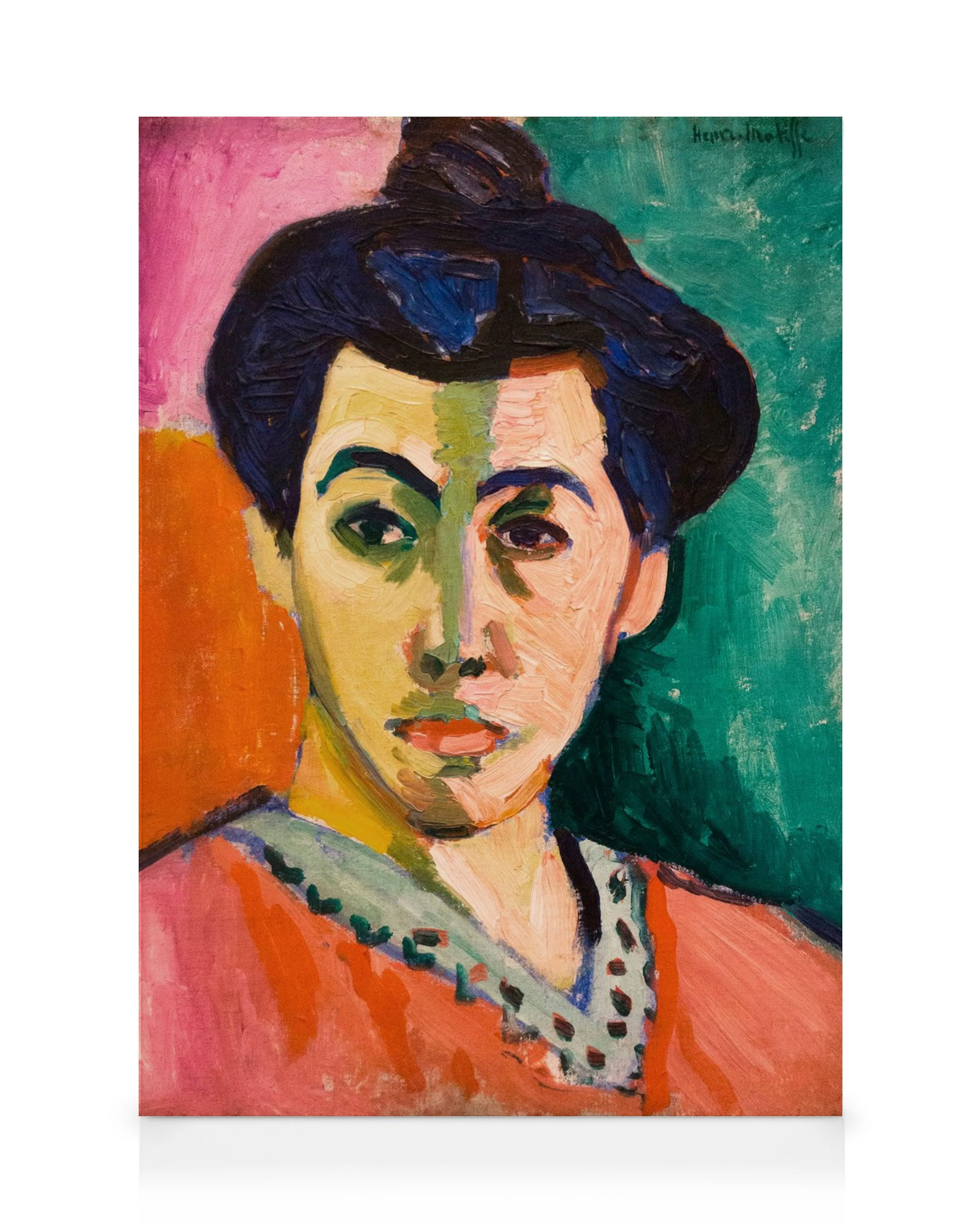 Tela decorativa com pintura vibrante de uma mulher, com rosto dividido em tons de verde e rosa, sobre fundo colorido.