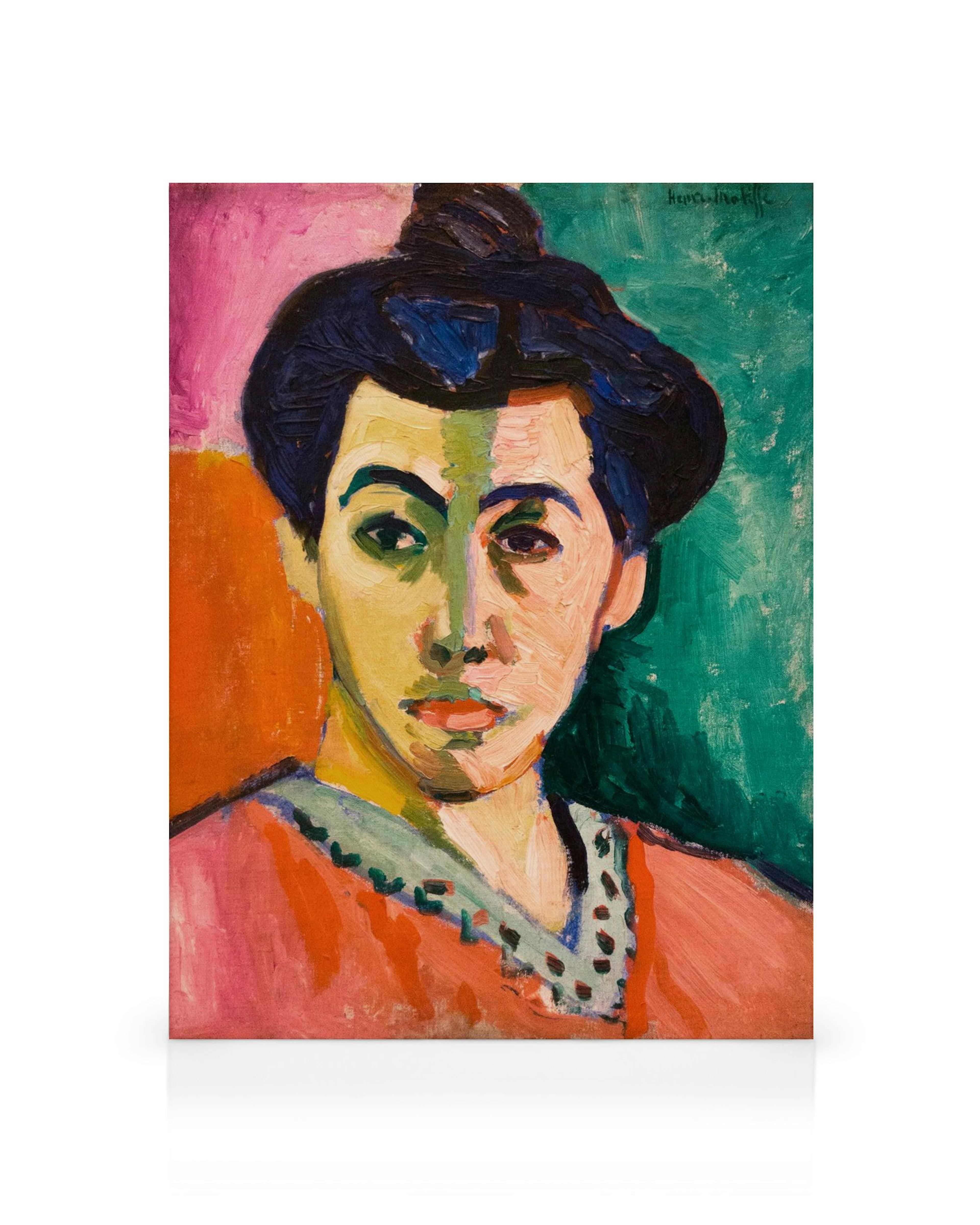 Toile La Raie Verte de Matisse, un portrait vibrant dune femme au visage divisé entre des teintes vertes et roses.